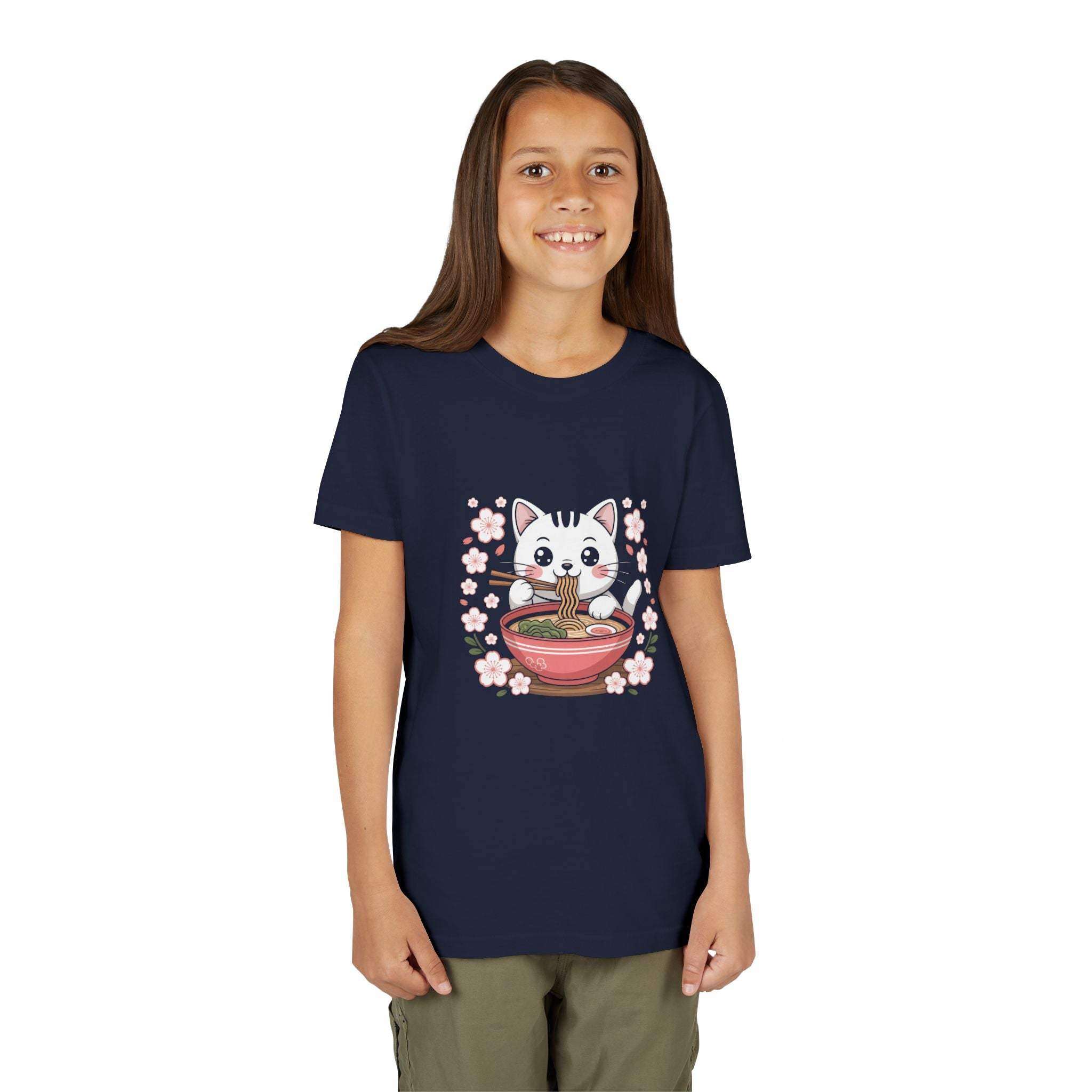 Kawaii cat eating ramen bowl graphic on youth short sleeve tee shirt