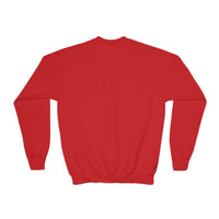 Navy youth crewneck sweatshirt featuring 'Making a List Chicken it Twice' graphic by Printify