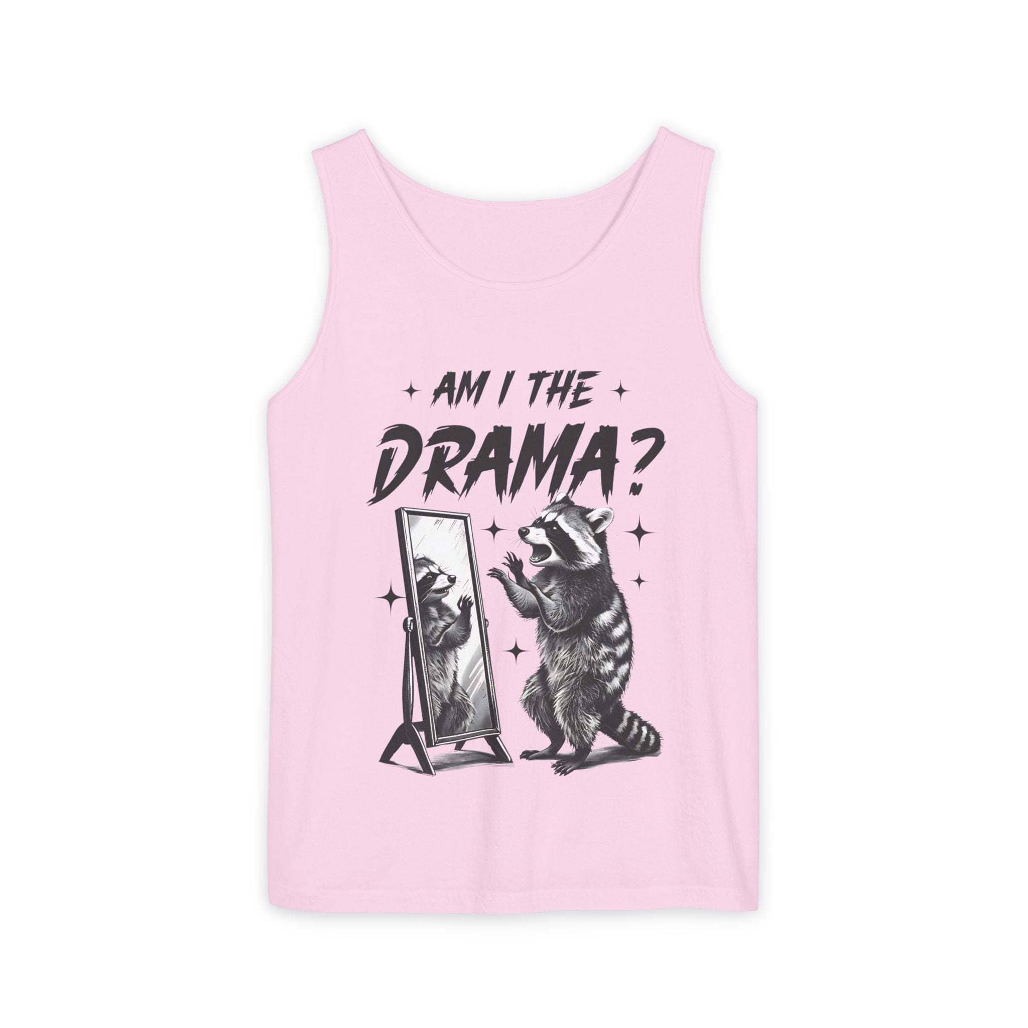 Pink tank top with "Am I The Drama?" text and raccoon looking in mirror design