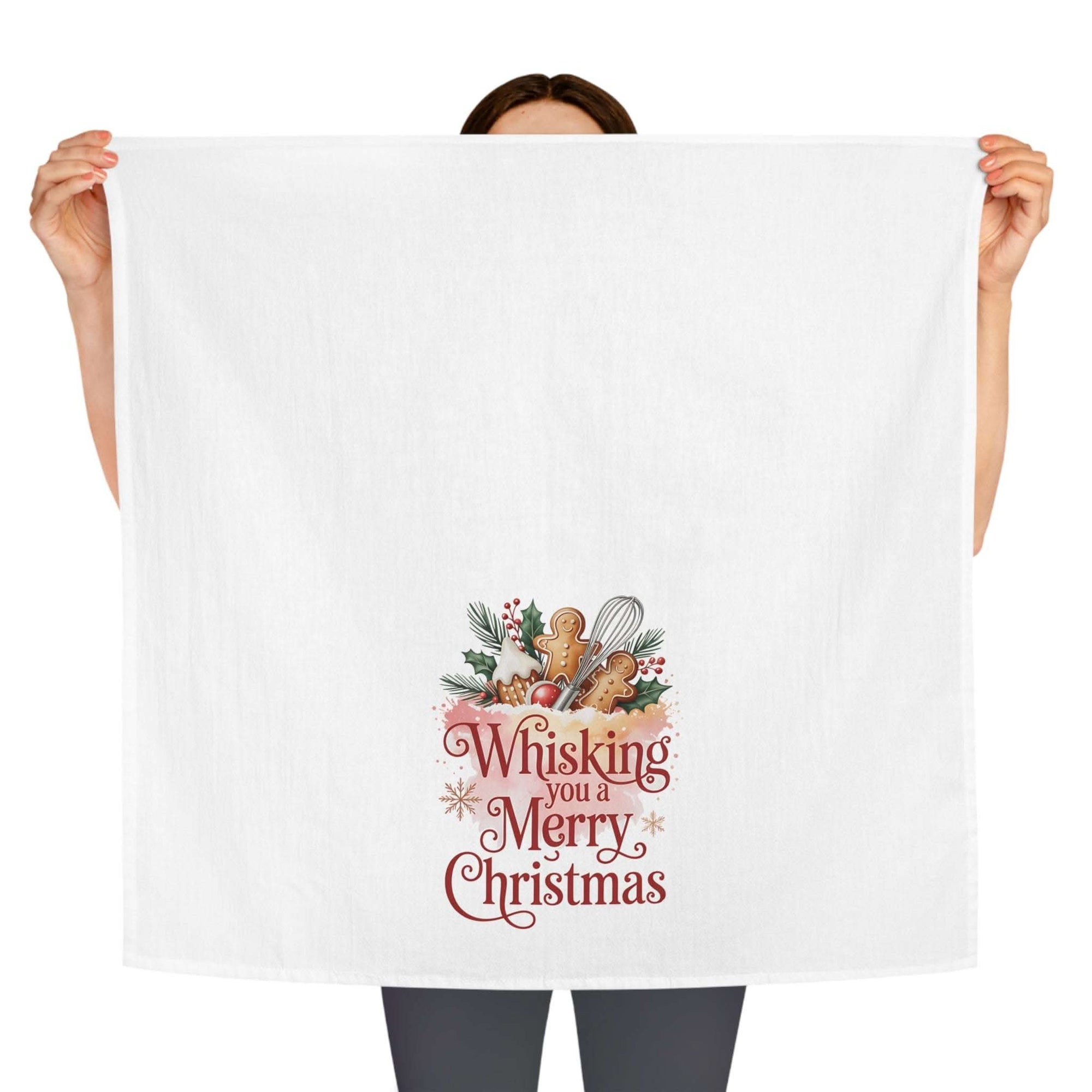 Christmas Tea Towel with festive "Whisking you a Merry Christmas" design, 100% cotton, absorbent and durable kitchen decor accessory