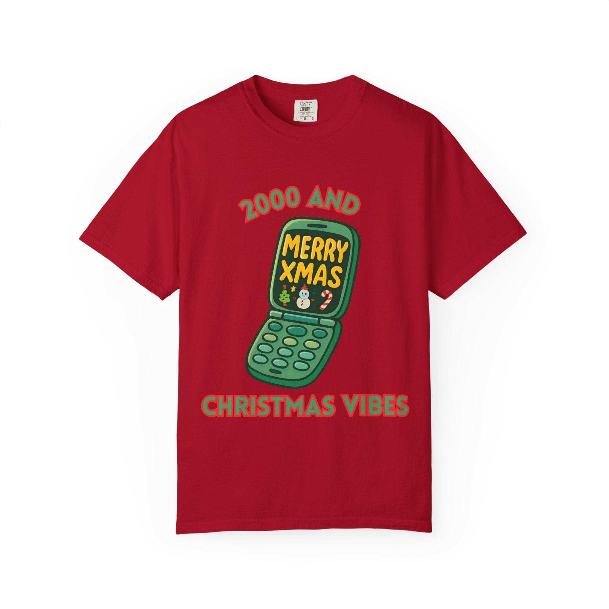 Black retro 2000 Christmas T-shirt with festive graphic design