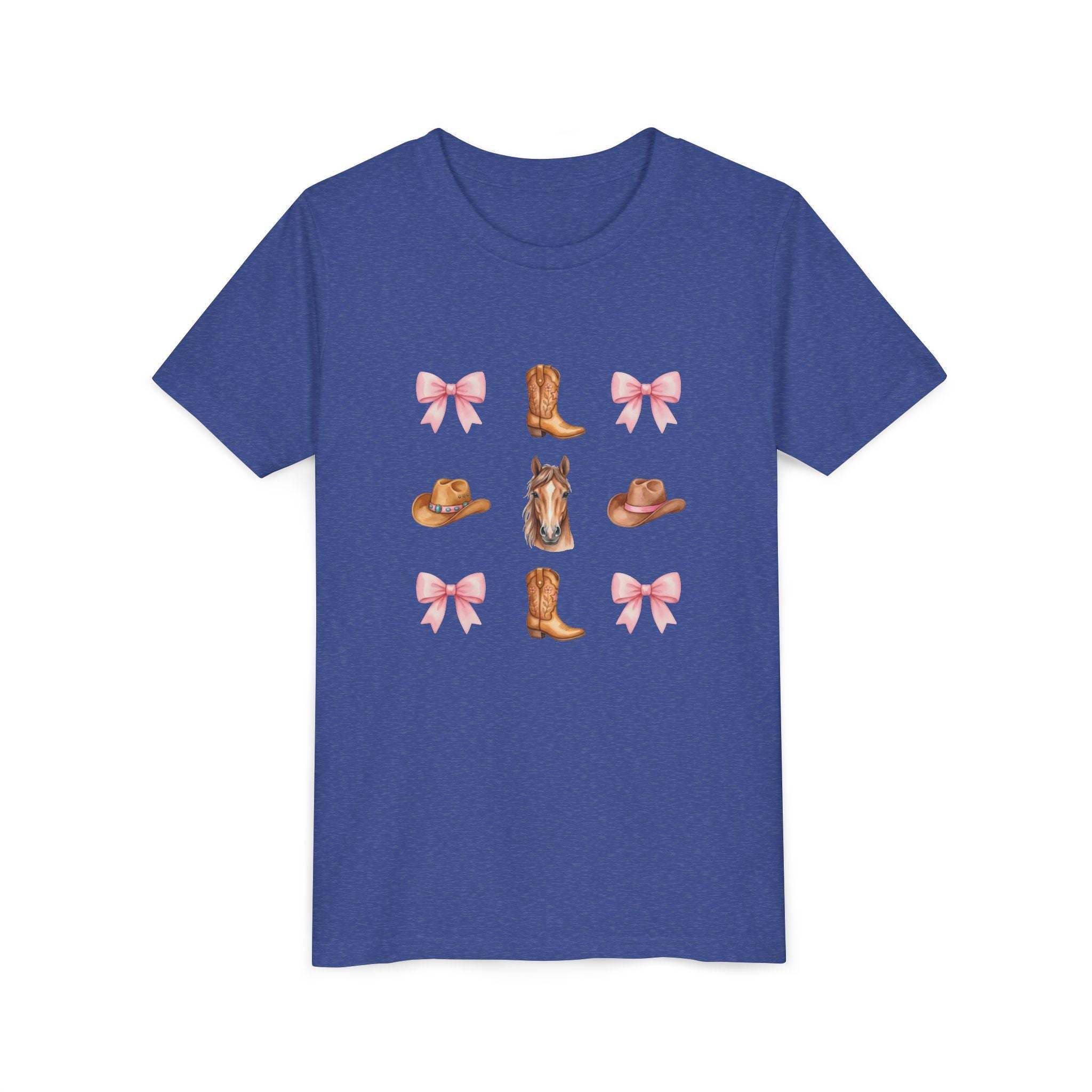 Cowboy Horse & Boots youth tee with pink bows and Western hat print on pink shirt