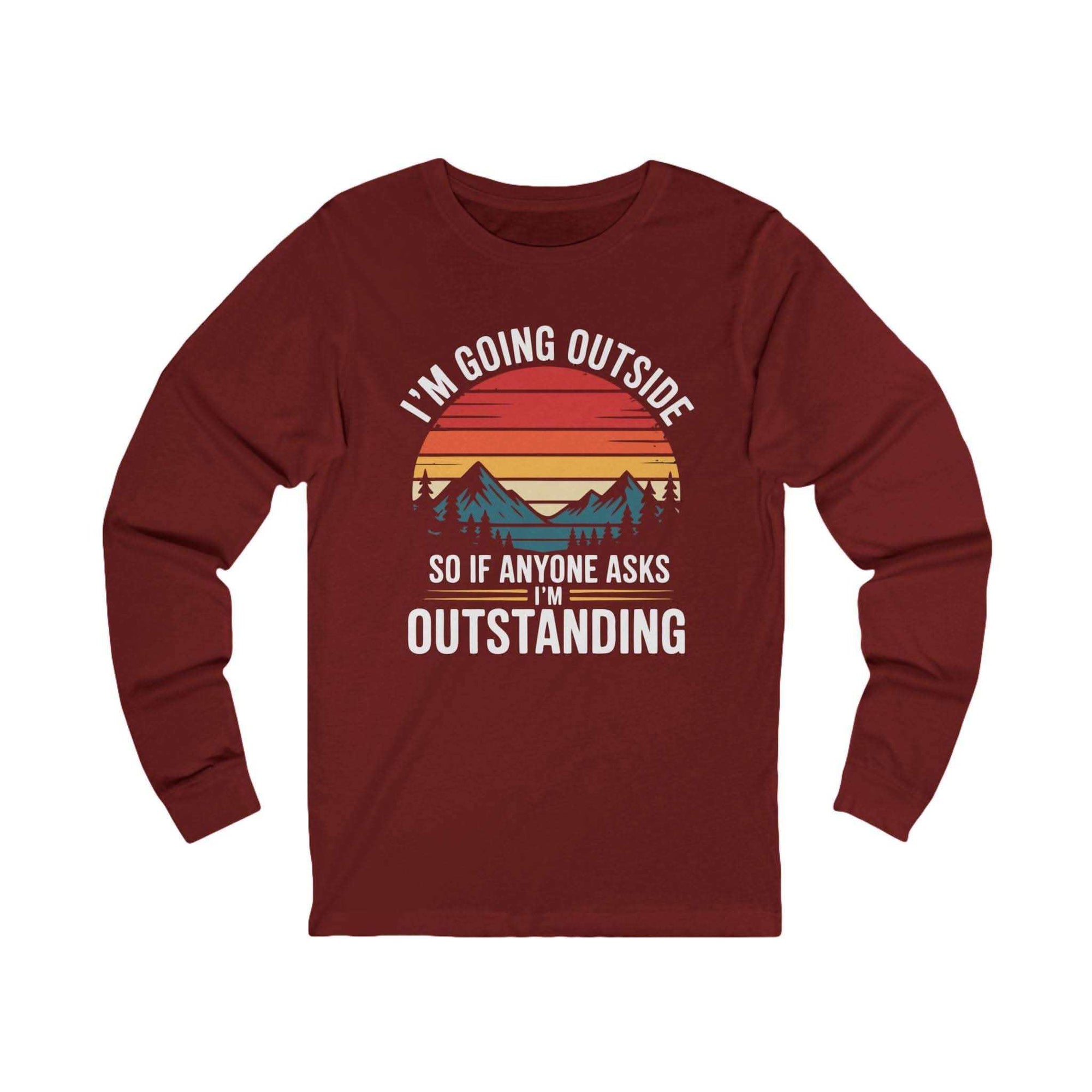 Long sleeve hiking t-shirt with vintage sunset mountains and outdoor adventure quote design