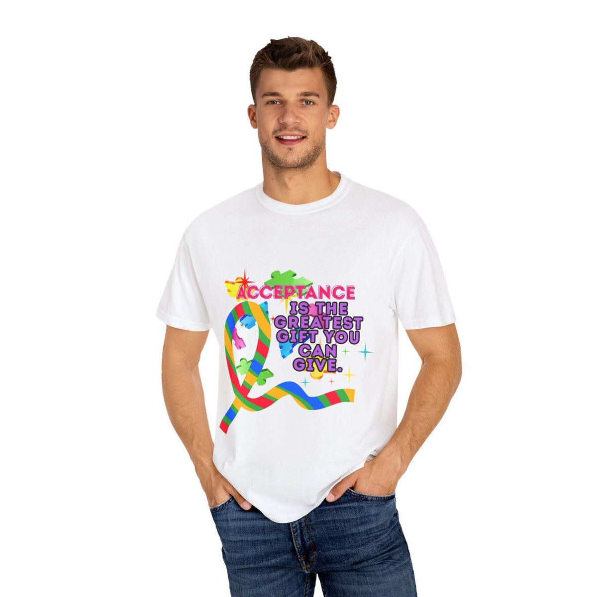 Garment-dyed t-shirt with Autism Acceptance design promoting inclusivity and awareness