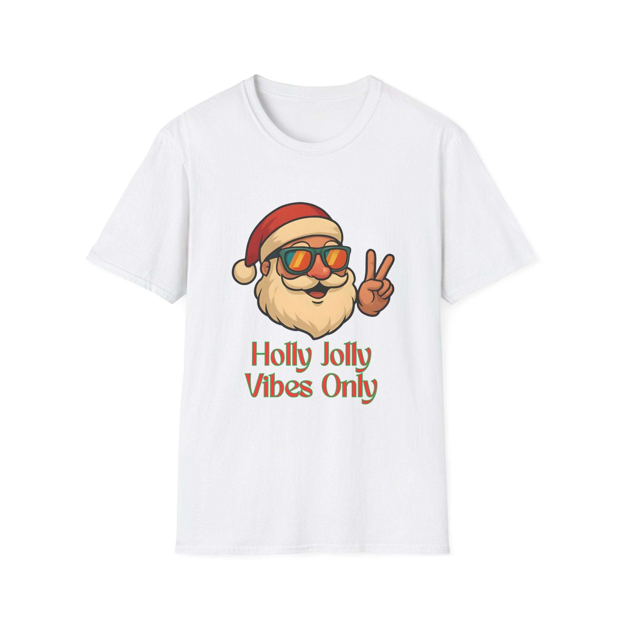 White Christmas T-shirt with cool Santa and "Holly Jolly Vibes Only" text design