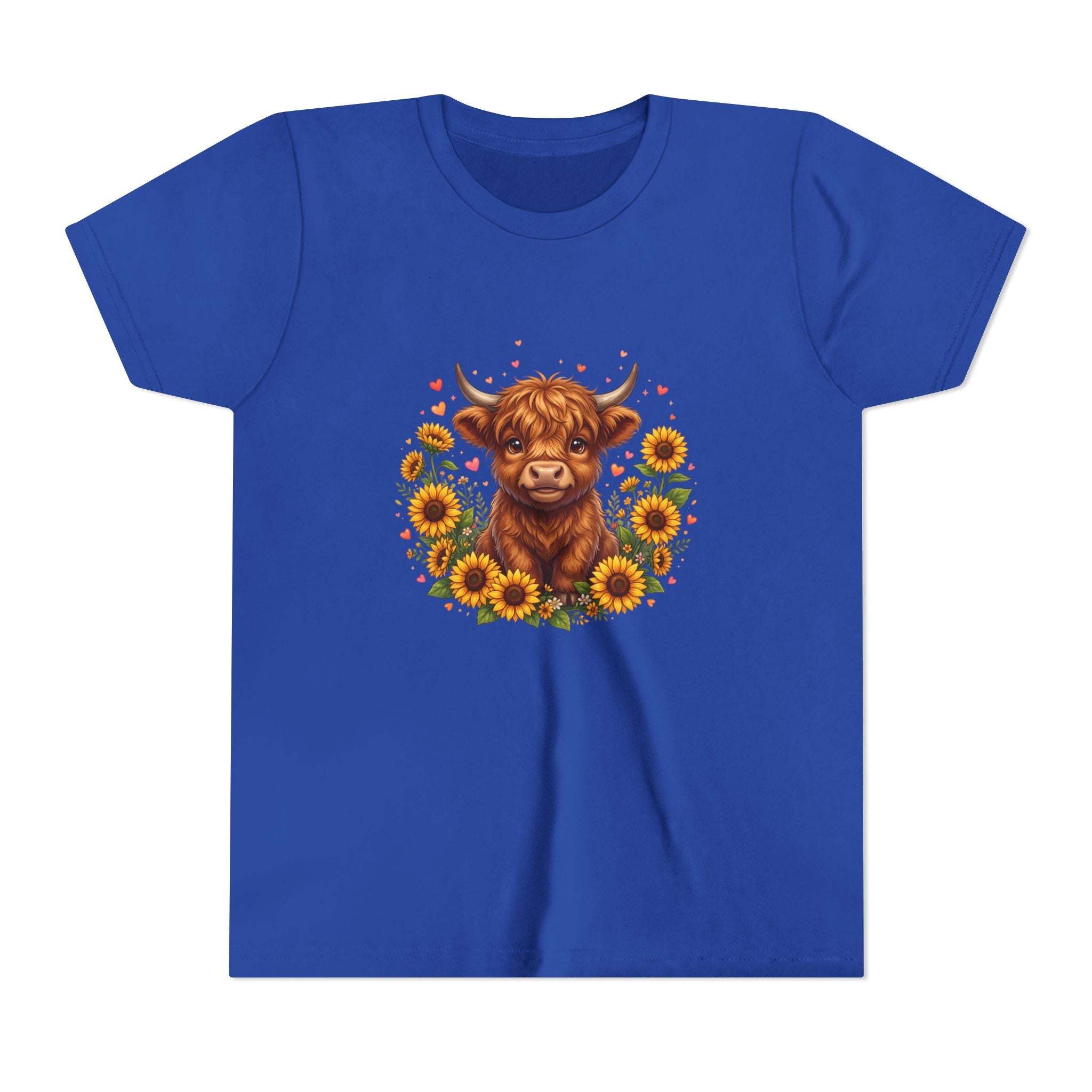 Highland Cow with Sunflowers Youth Tee | Cute Calf Floral Kids Shirt