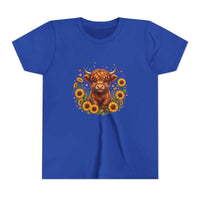 Youth tee featuring Highland Cow with Sunflowers floral design on soft cotton shirt