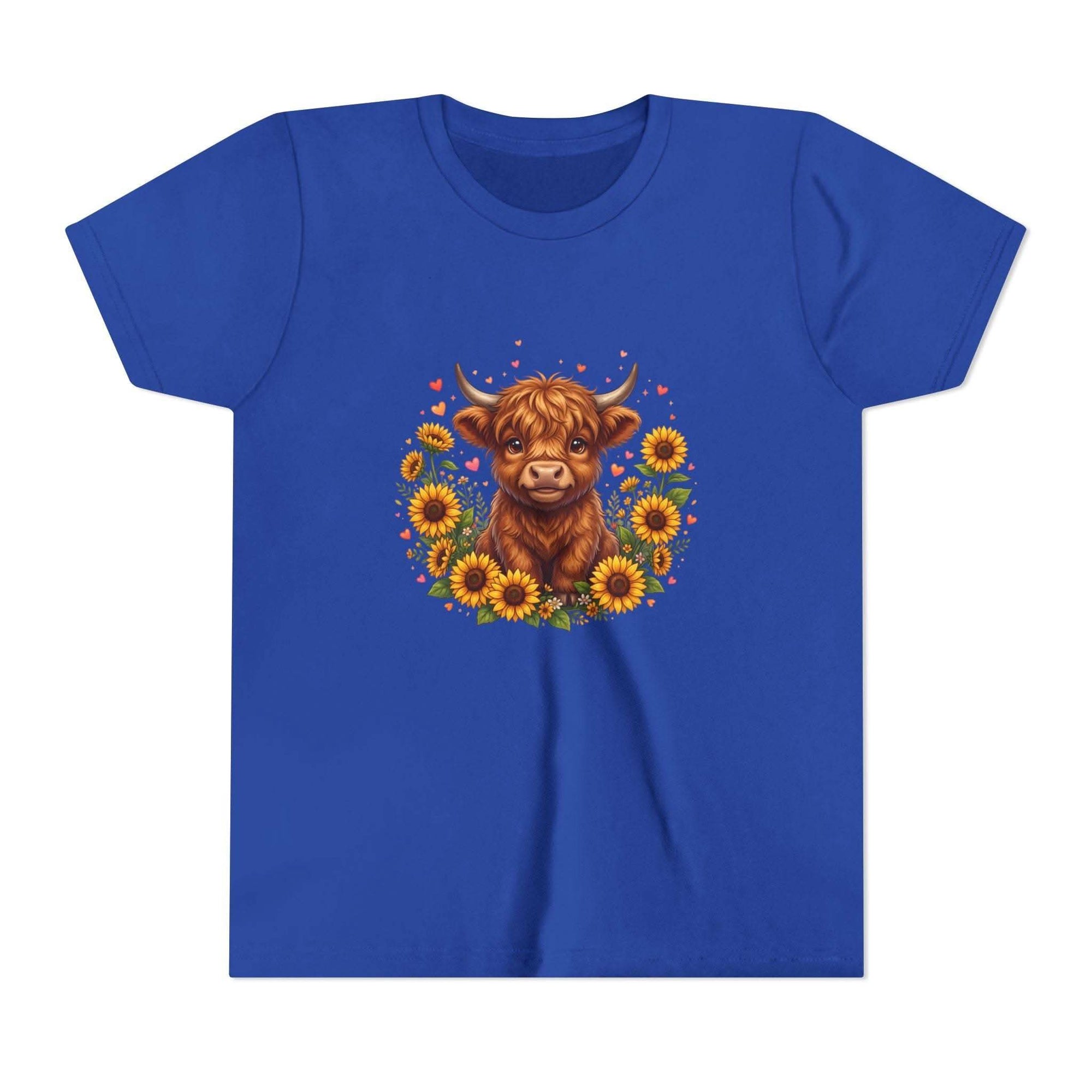 Youth tee featuring Highland Cow with Sunflowers floral design on soft cotton shirt