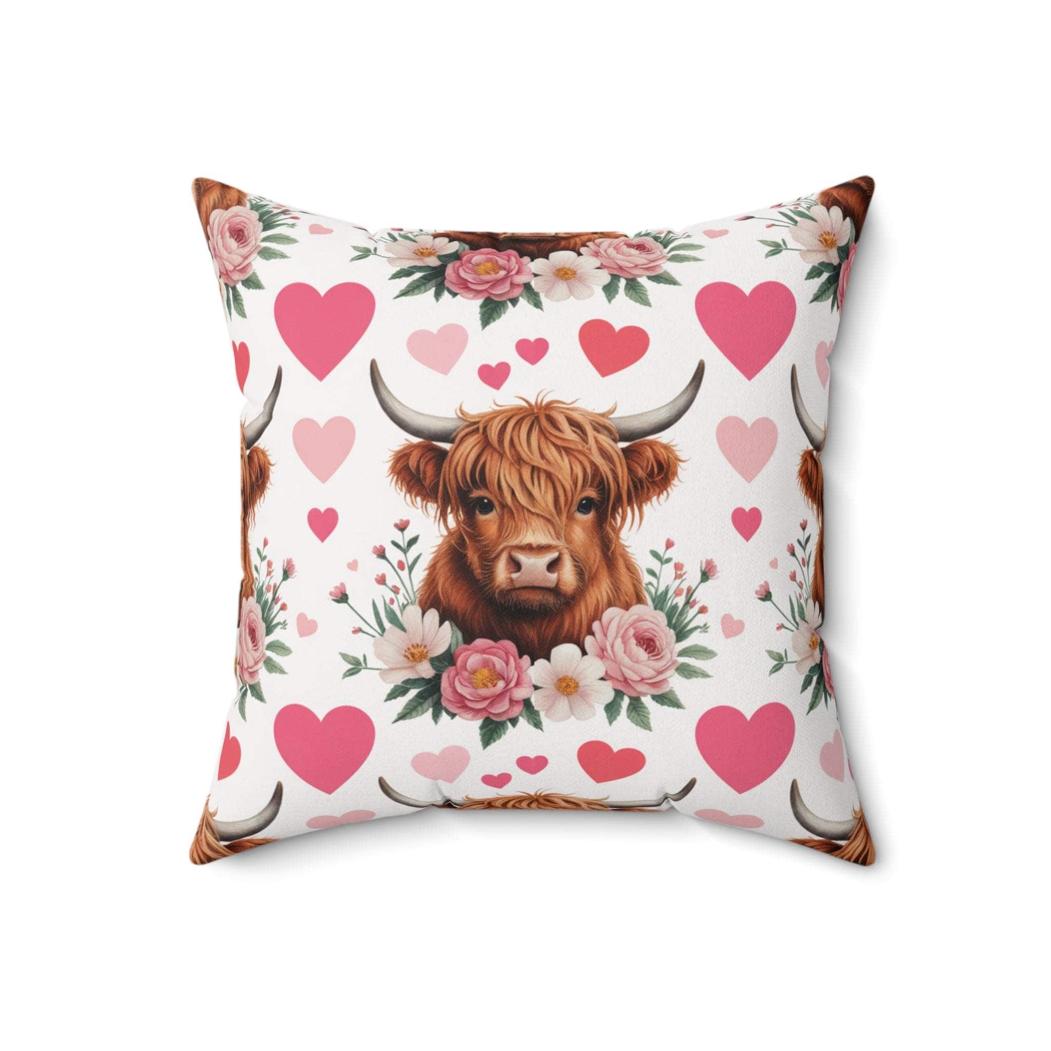 Square floral Highland cow pillow with beige tones and delicate blossoms for rustic decor