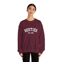 woman wearing maroon Varsity Besties Crewneck Sweatshirt with white "BESTIES EST. 2025" varsity-style lettering