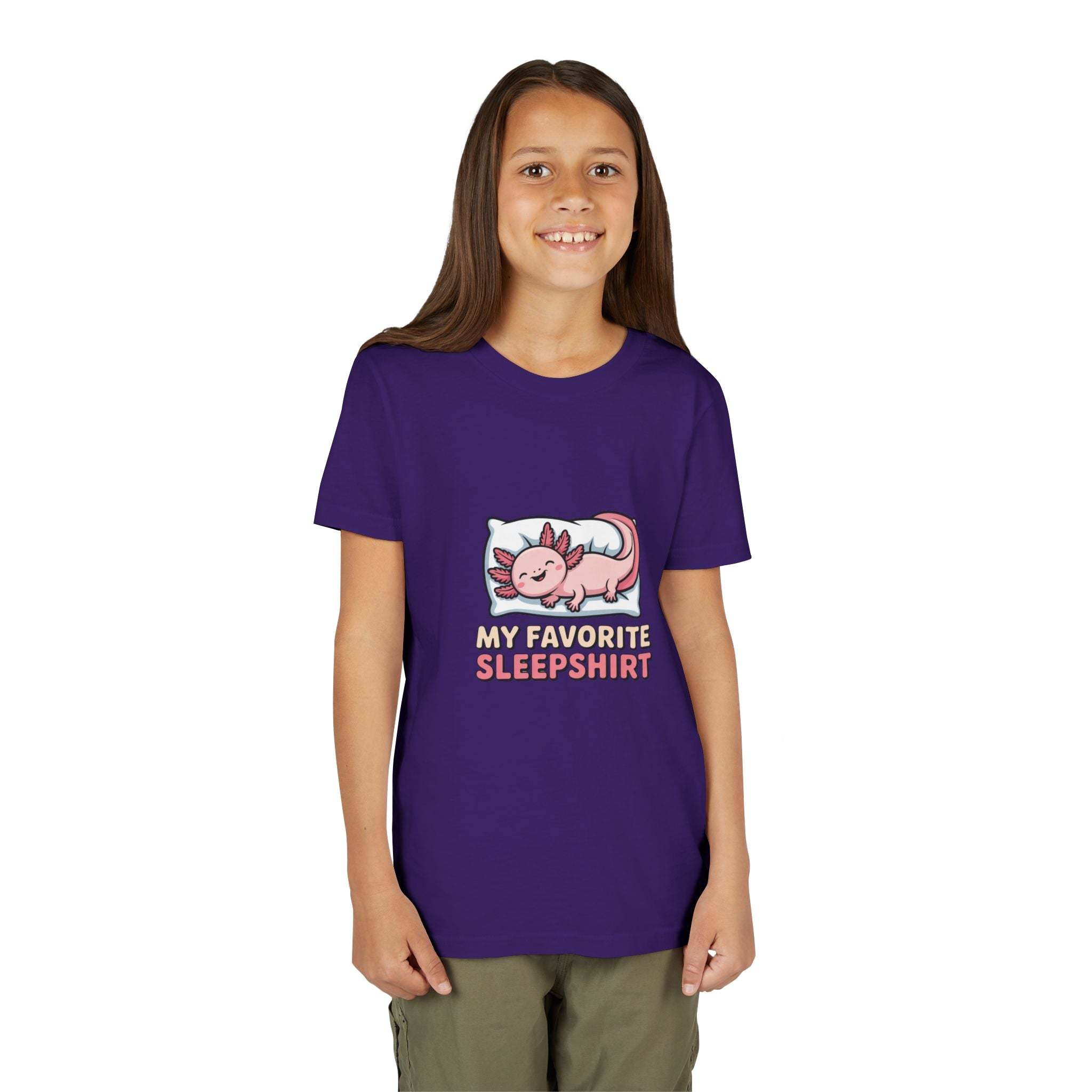 Child wearing a purple t-shirt with a cartoon dragon design and text on a white background