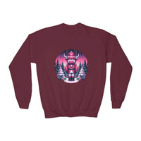 Navy crewneck sweatshirt with festive Highland cow nutcracker design for kids by Printify