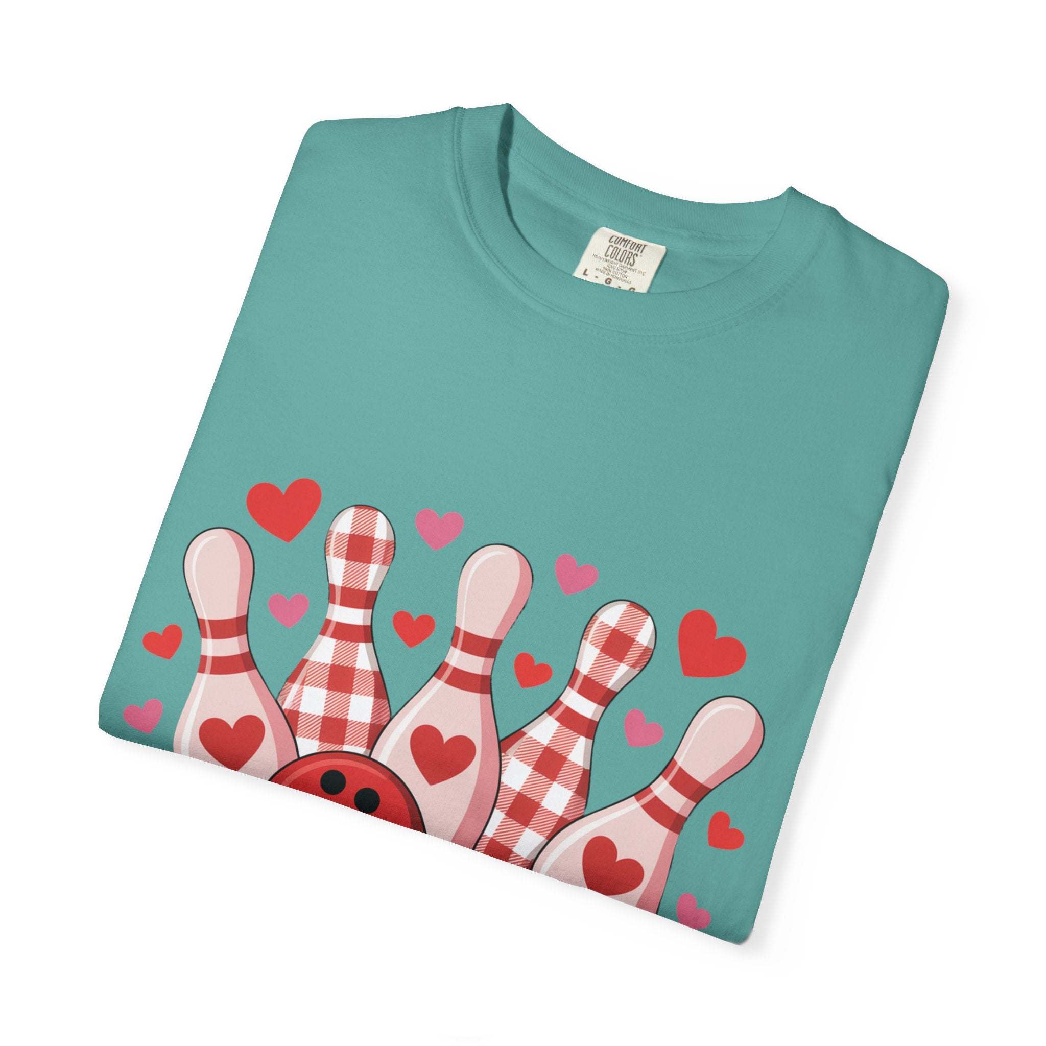 Valentine's Bowling Hearts Tshirt with tiny hearts and bowling pin design on soft heavyweight cotton