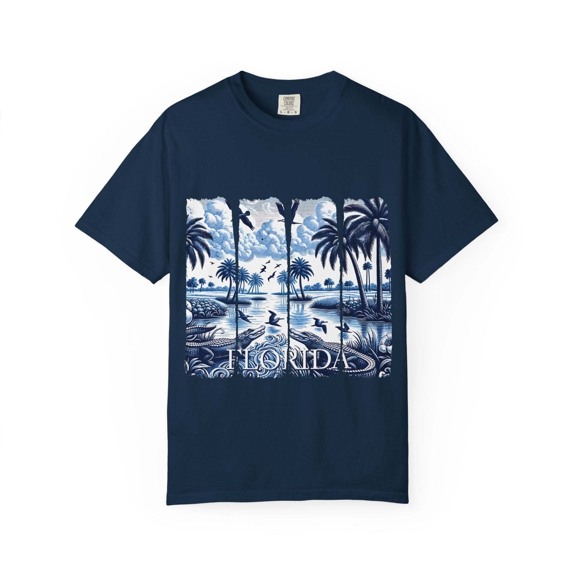Blue Chinoise Brushstroke T-Shirt in soft blue with chinoiserie brushstroke design on garment-dyed cotton tee