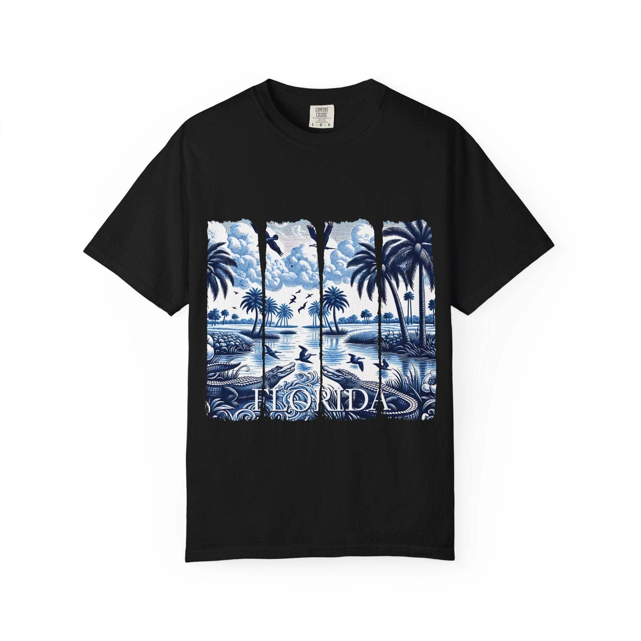 Blue Chinoise Brushstroke T-Shirt with soft blue chinoiserie brushstroke design on garment-dyed cotton tee
