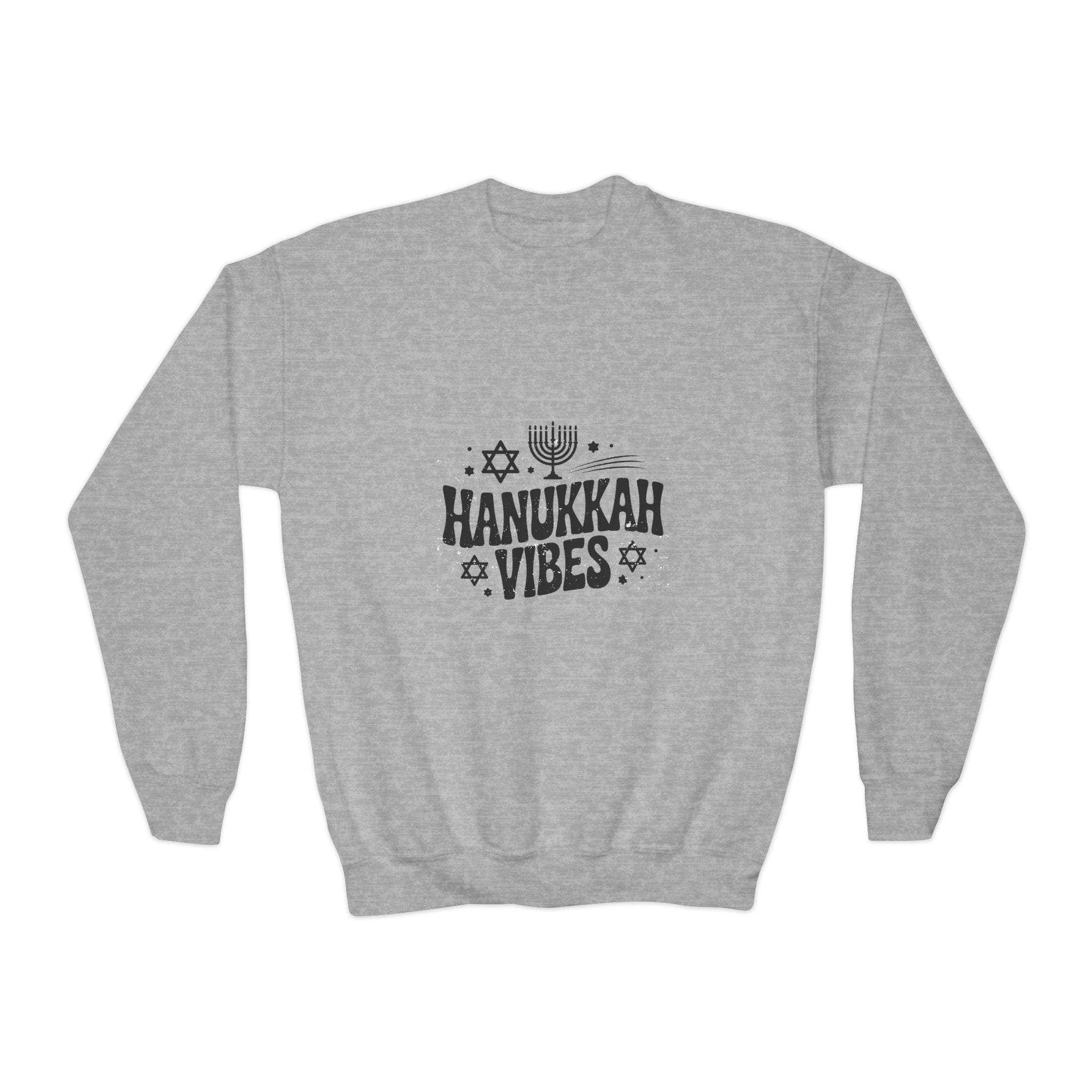 White Hanukkah crewneck sweatshirt for youth with festive designs, by Printify
