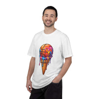 Colorful dripping ice cream cone graphic on relaxed-fit neon dessert t-shirt