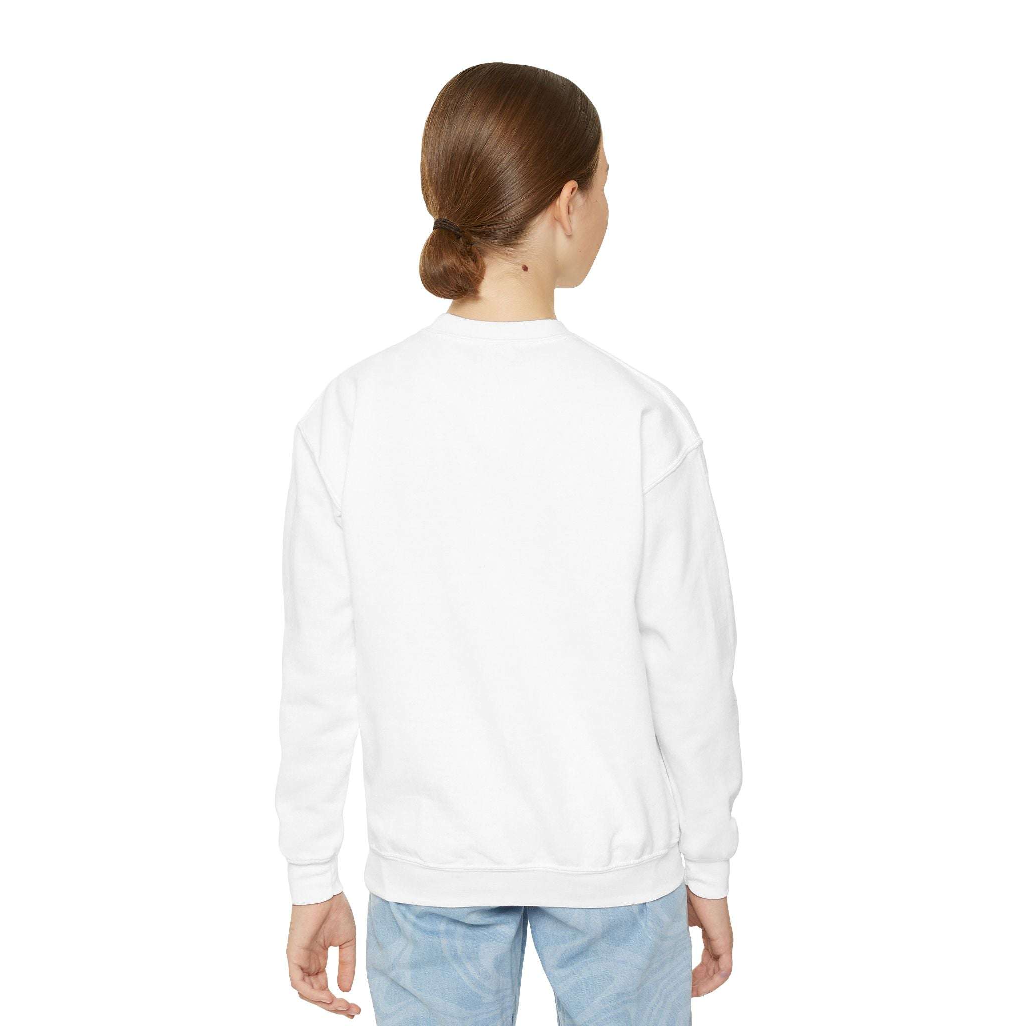 Back view of white youth crewneck sweatshirt for kids, plain with long sleeves and casual fit