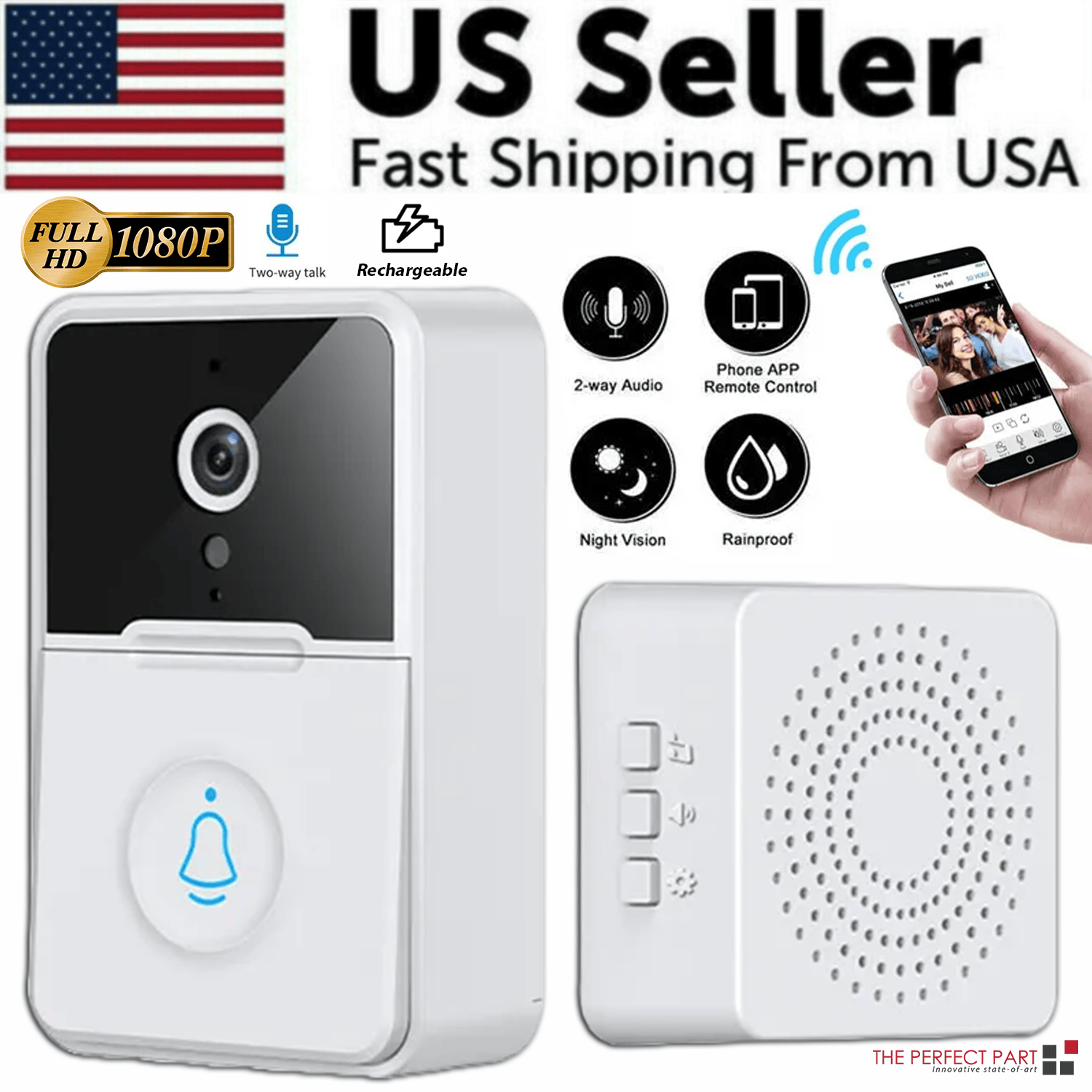 Smart WiFi Video Doorbell with HD video, two-way audio, night vision, motion detection, and wireless installation