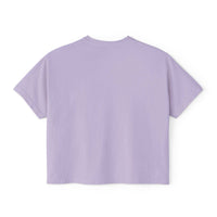 Women's lavender boxy tee Blessed be the Peacemakers with vintage pigment dye and durable cotton fabric