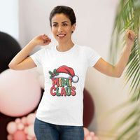 Women T-shirt with festive Mimi Claus design and Santa hat in soft triblend fabric for Christmas holiday