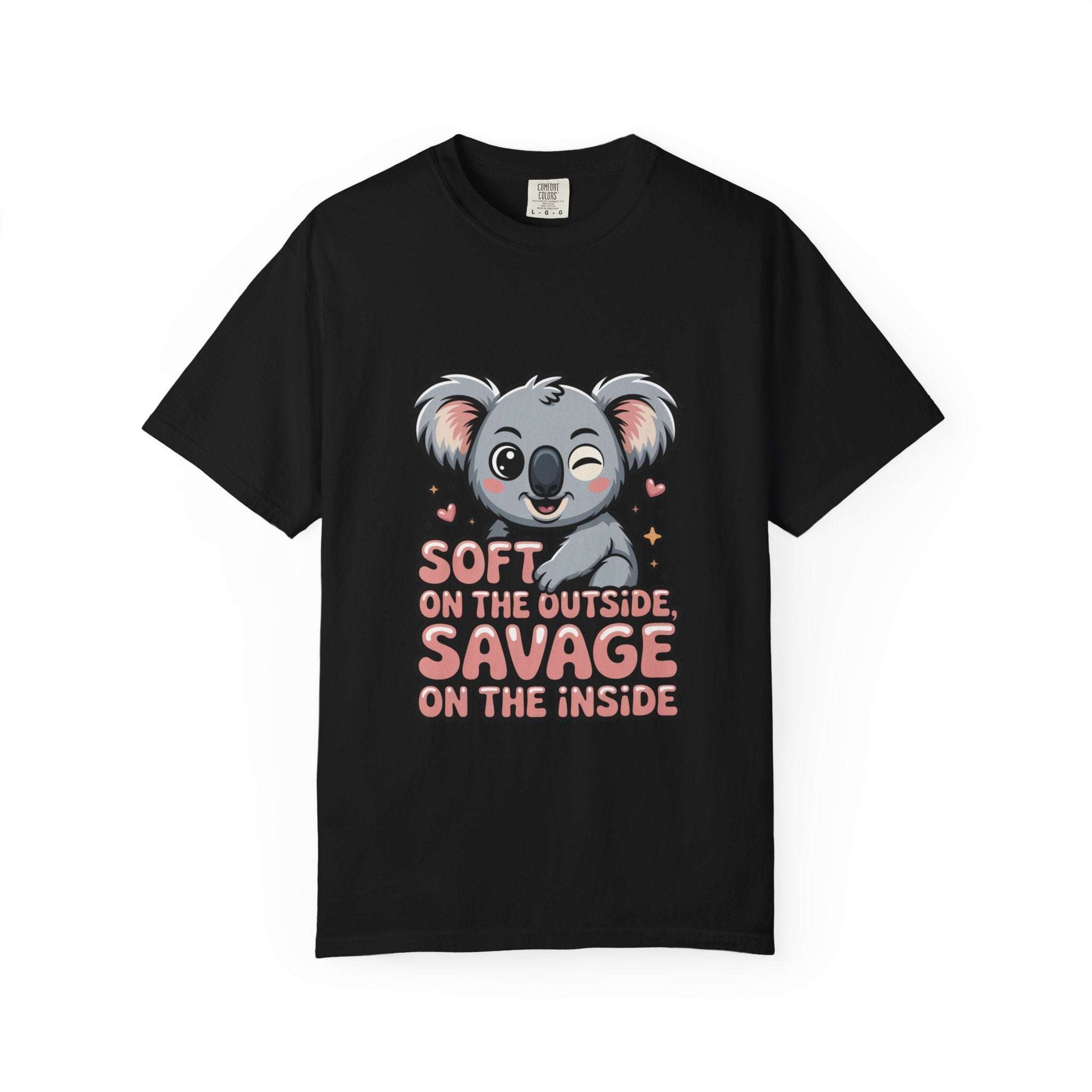 Black t-shirt with playful koala graphic and "Soft on the Outside, Savage on the Inside" text