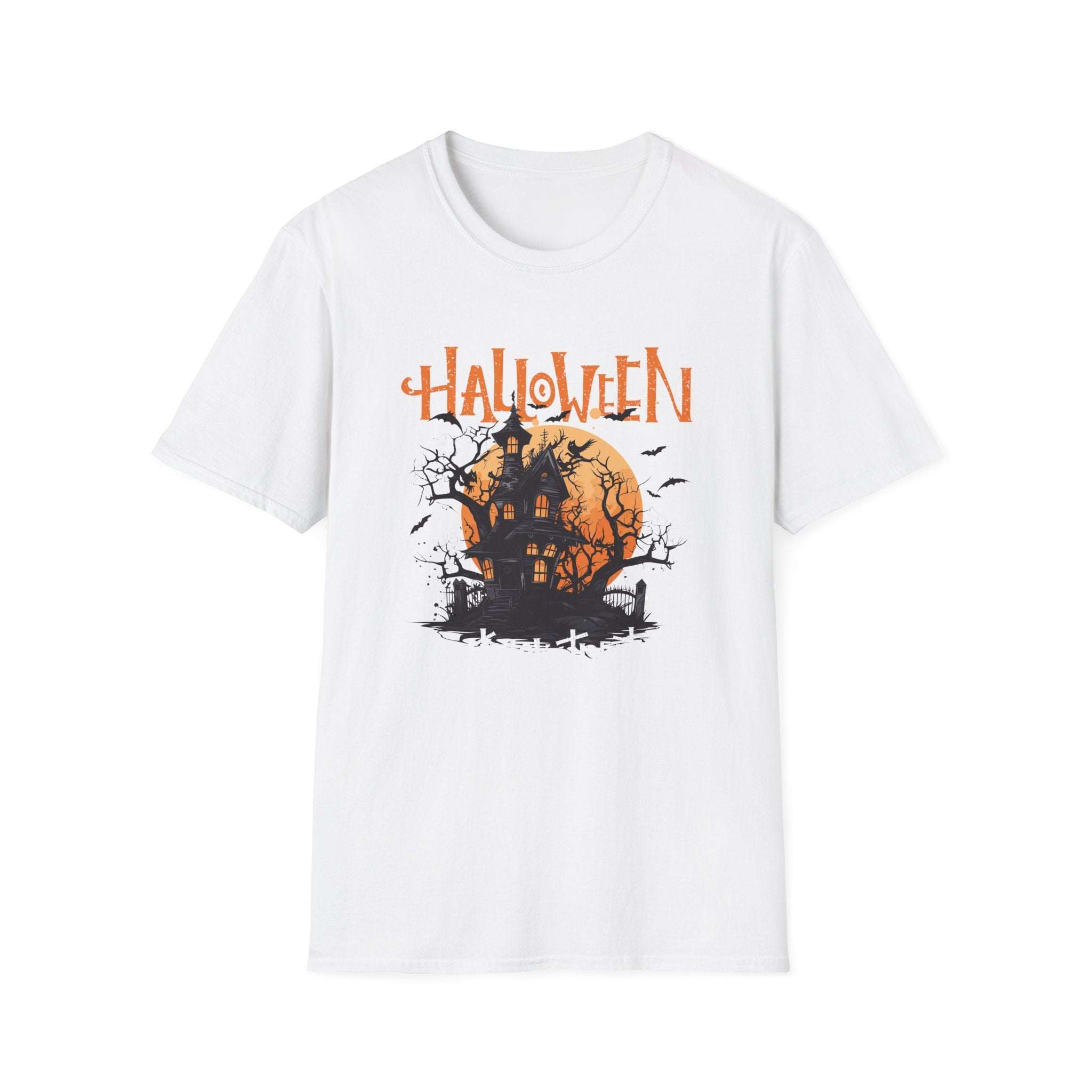 Royal blue unisex haunted house t-shirt for Halloween, made by Printify.