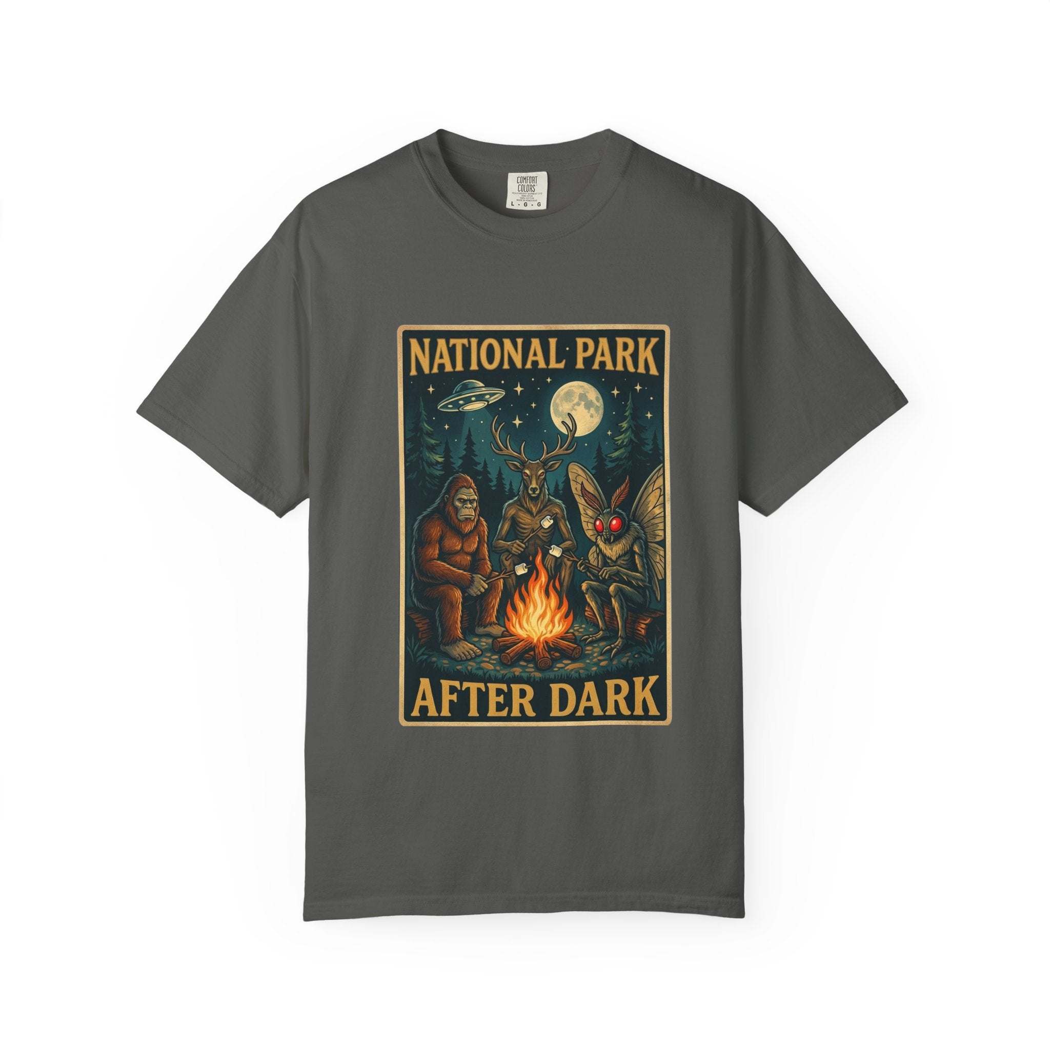 National Park After Dark t-shirt with moonlit campfire and night creatures design on vintage garment-dyed fabric