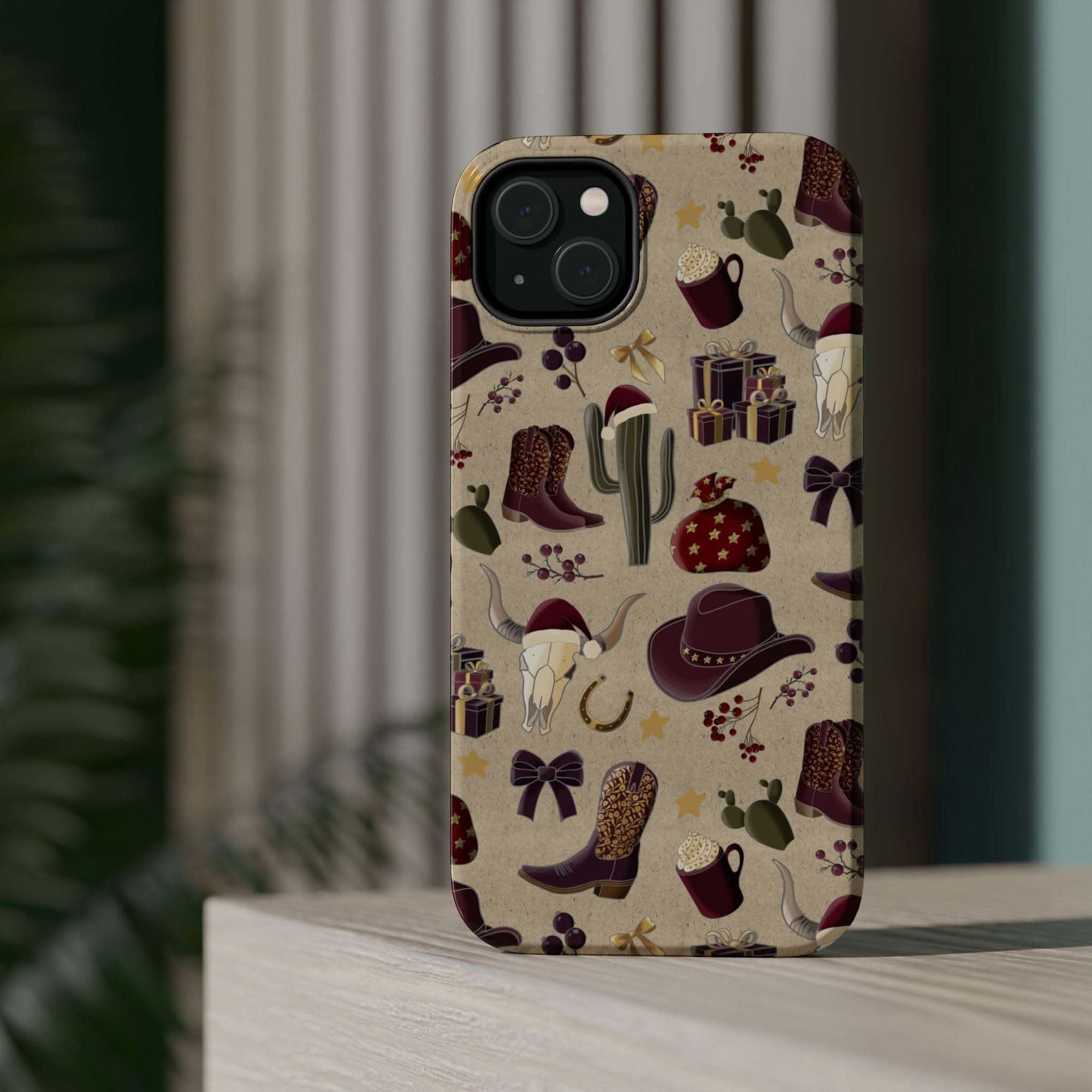 Cowboy Christmas design phone case for iPhone 17 in glossy finish by Printify, featuring festive colors and patterns.