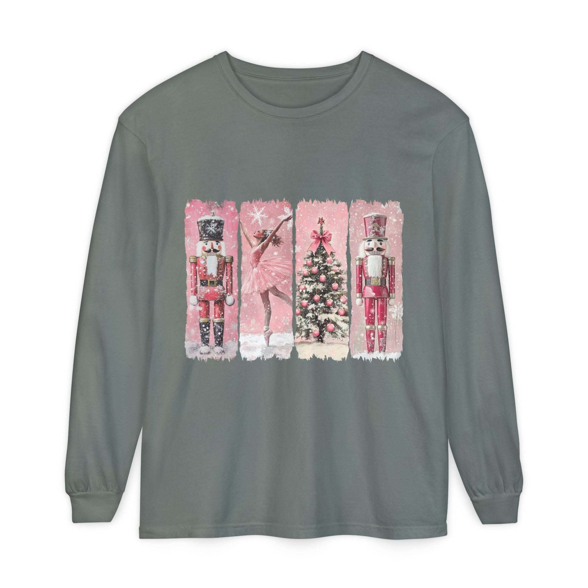 Preppy pink watercolor nutcracker Christmas long sleeve T-shirt in soft cotton