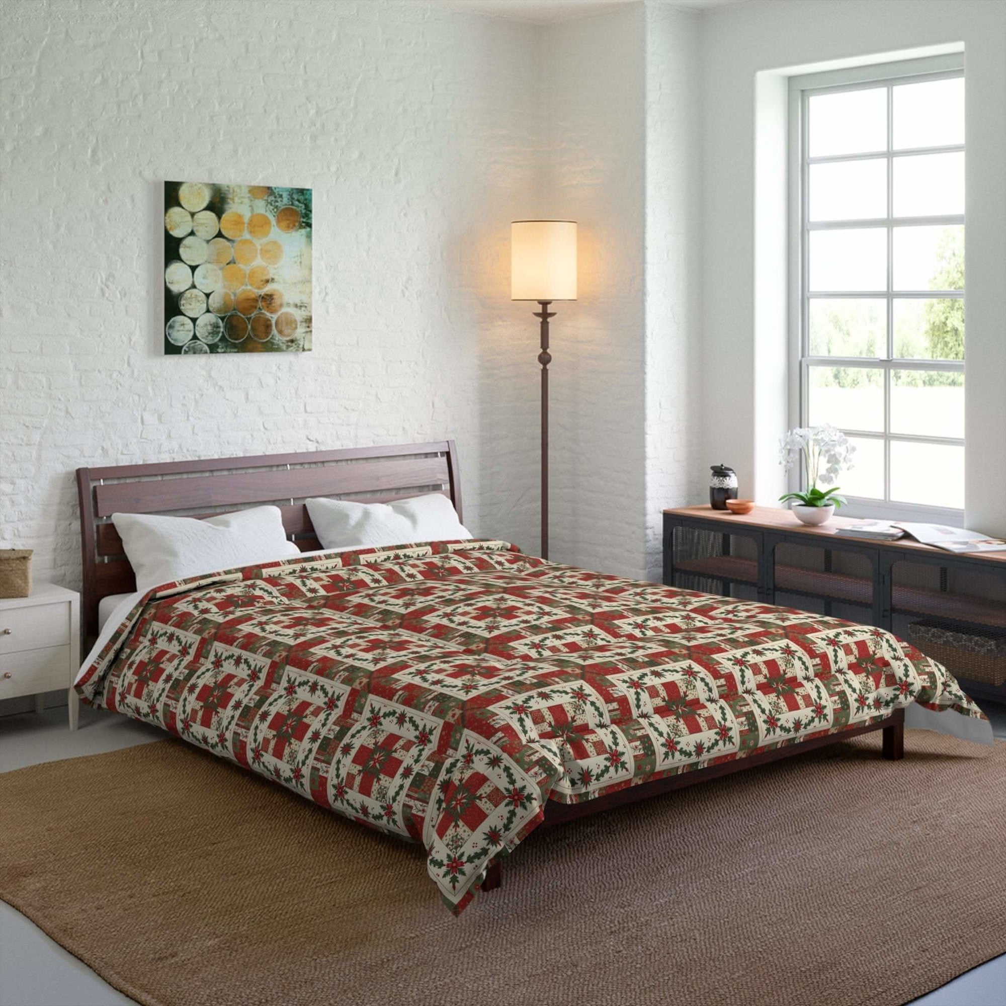 Rustic Patchwork Christmas Comforter with quilt-inspired worn plaids and faded reds on cozy holiday bedding