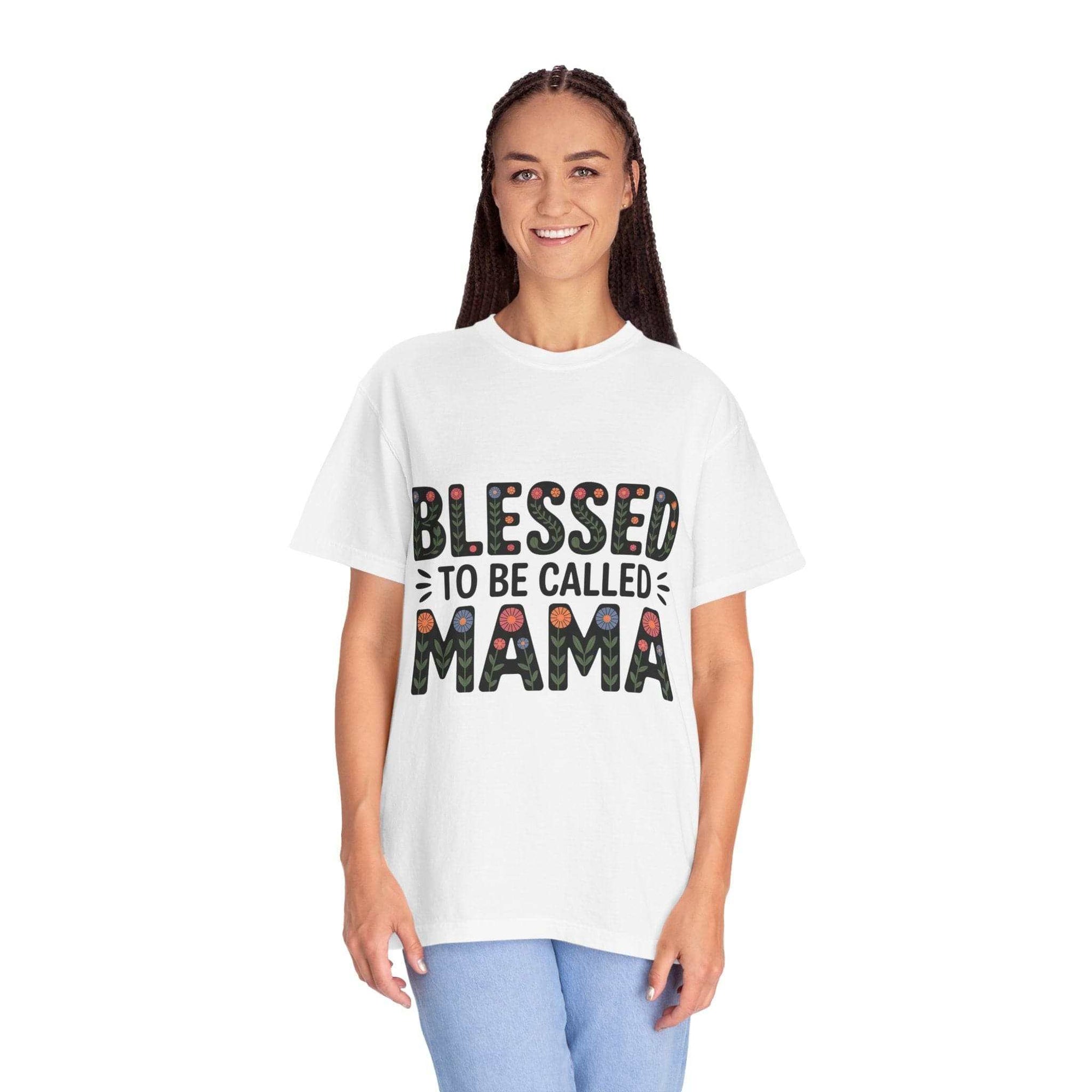 Floral "Blessed To Be Called Mama" T-Shirt with vintage wash and floral lettering celebrating motherhood