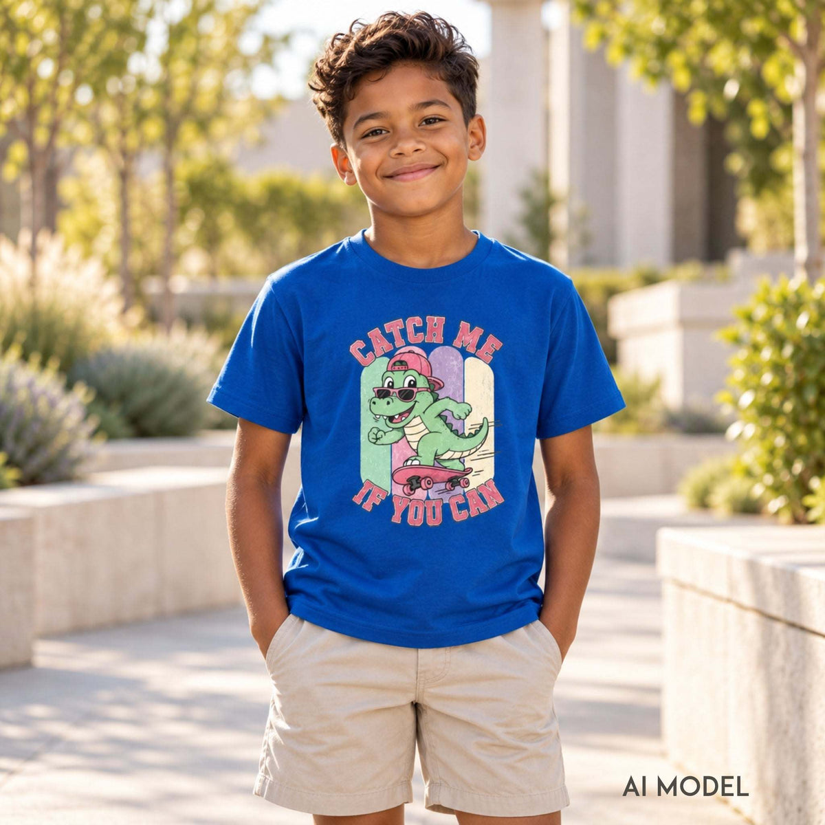 Boy wearing a royal blue “Catch Me If You Can” skateboarding dinosaur T-shirt and beige shorts in a landscaped outdoor courtyard.
