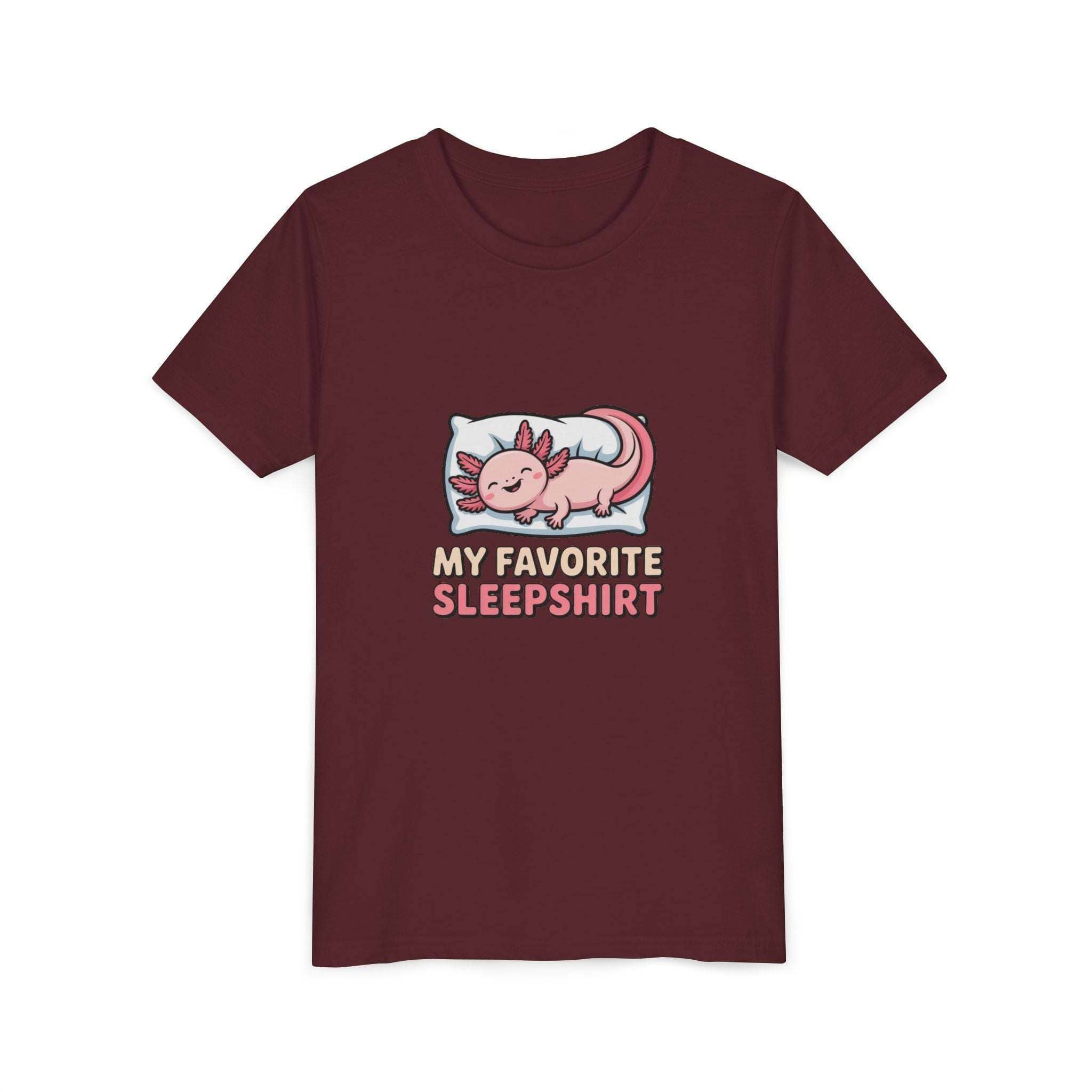 Maroon t-shirt with axolotl graphic and text 'My Favorite Sleepshirt' on a white background