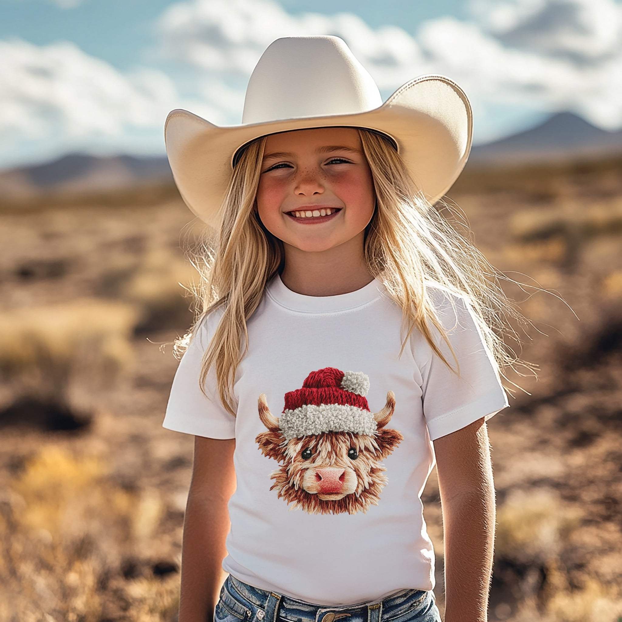 Youth tee featuring Santa Highland cow in faux crochet yarn style Christmas design