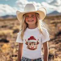 Youth tee featuring Santa Highland cow in faux crochet yarn style Christmas design