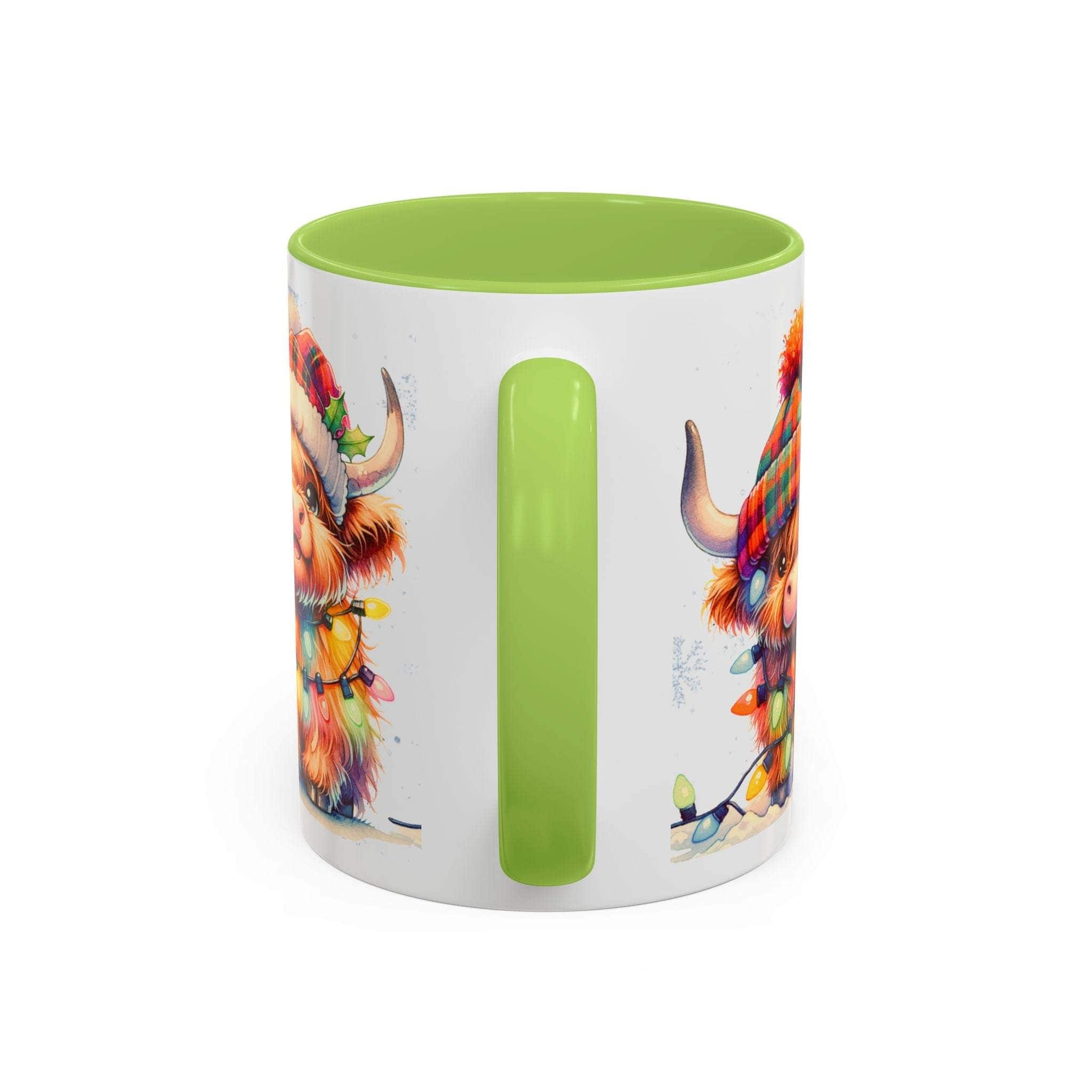 Mug with colorful animal design and green interior on a white background