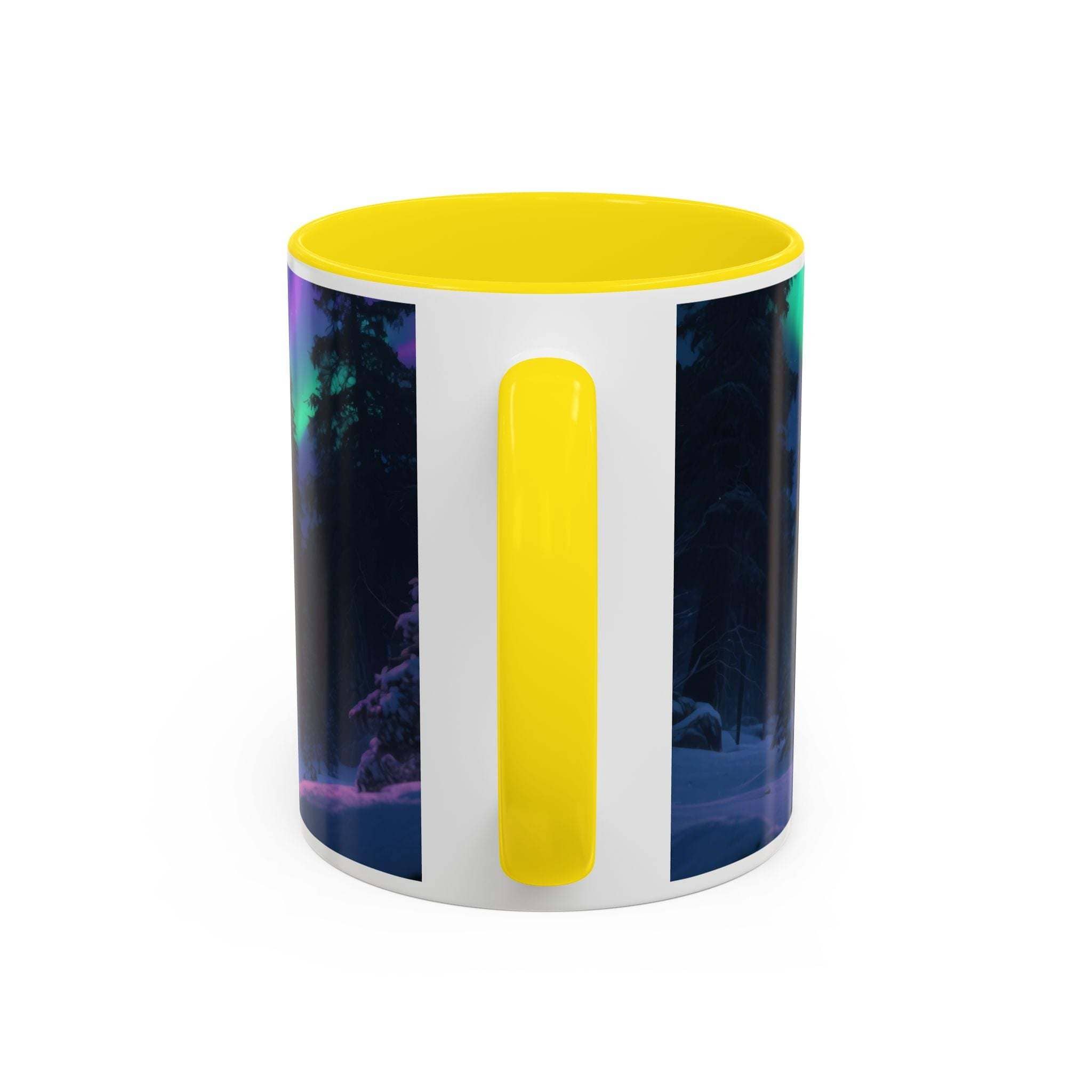 Mug with yellow interior, handle, and side panel on a white background