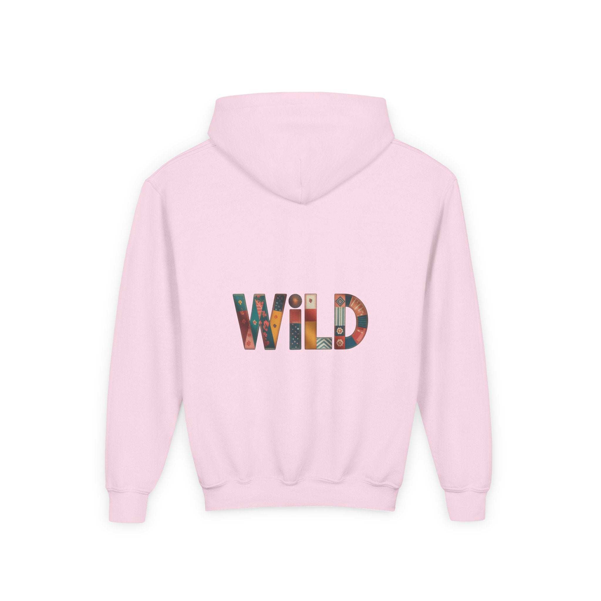 Pink Patchwork Wild Word Hoodie for children with colorful "WILD" text and kangaroo pocket