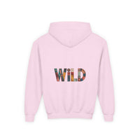 Pink Patchwork Wild Word Hoodie for children with colorful "WILD" text and kangaroo pocket