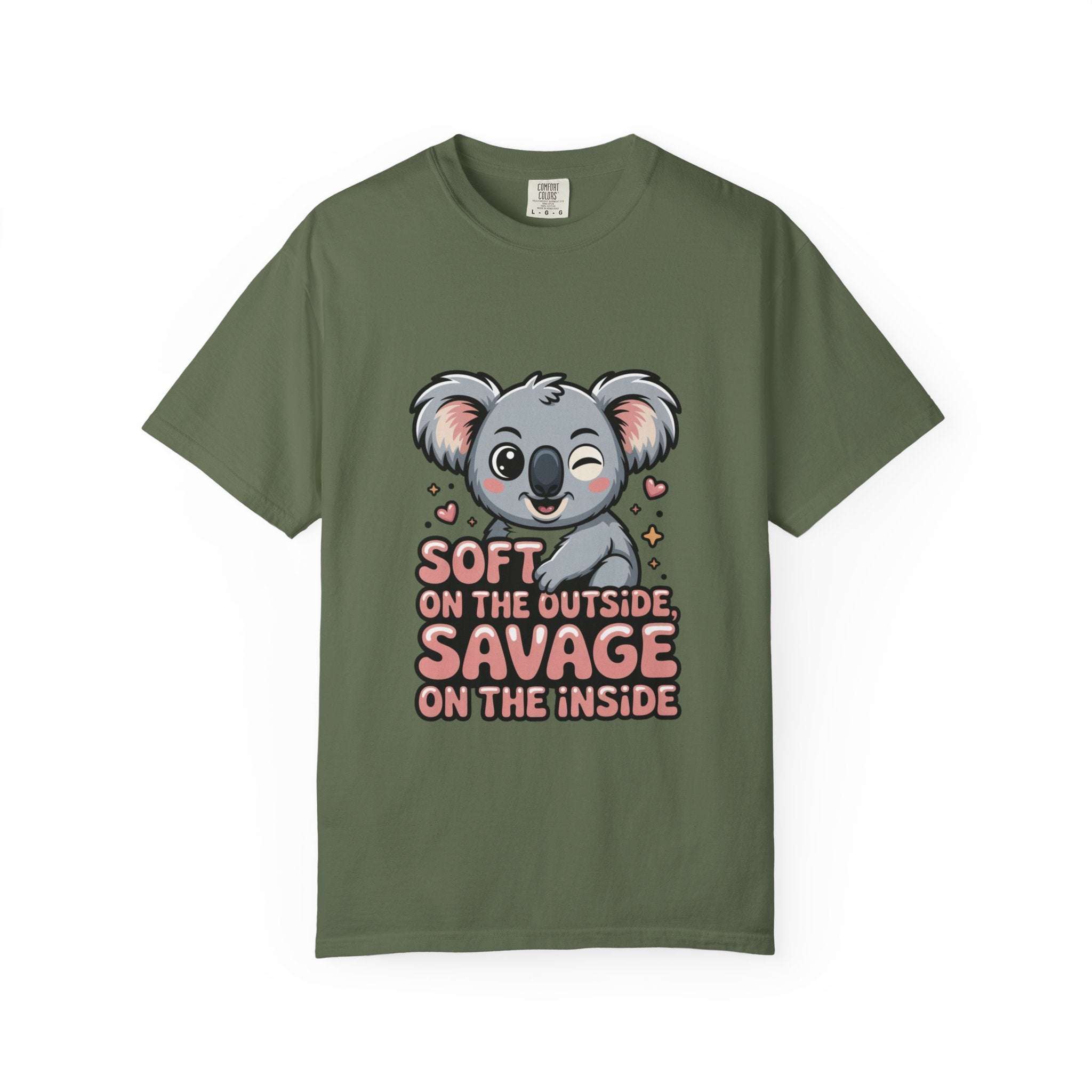 Olive green t-shirt with winking koala graphic and "Soft on the Outside, Savage on the Inside" text design