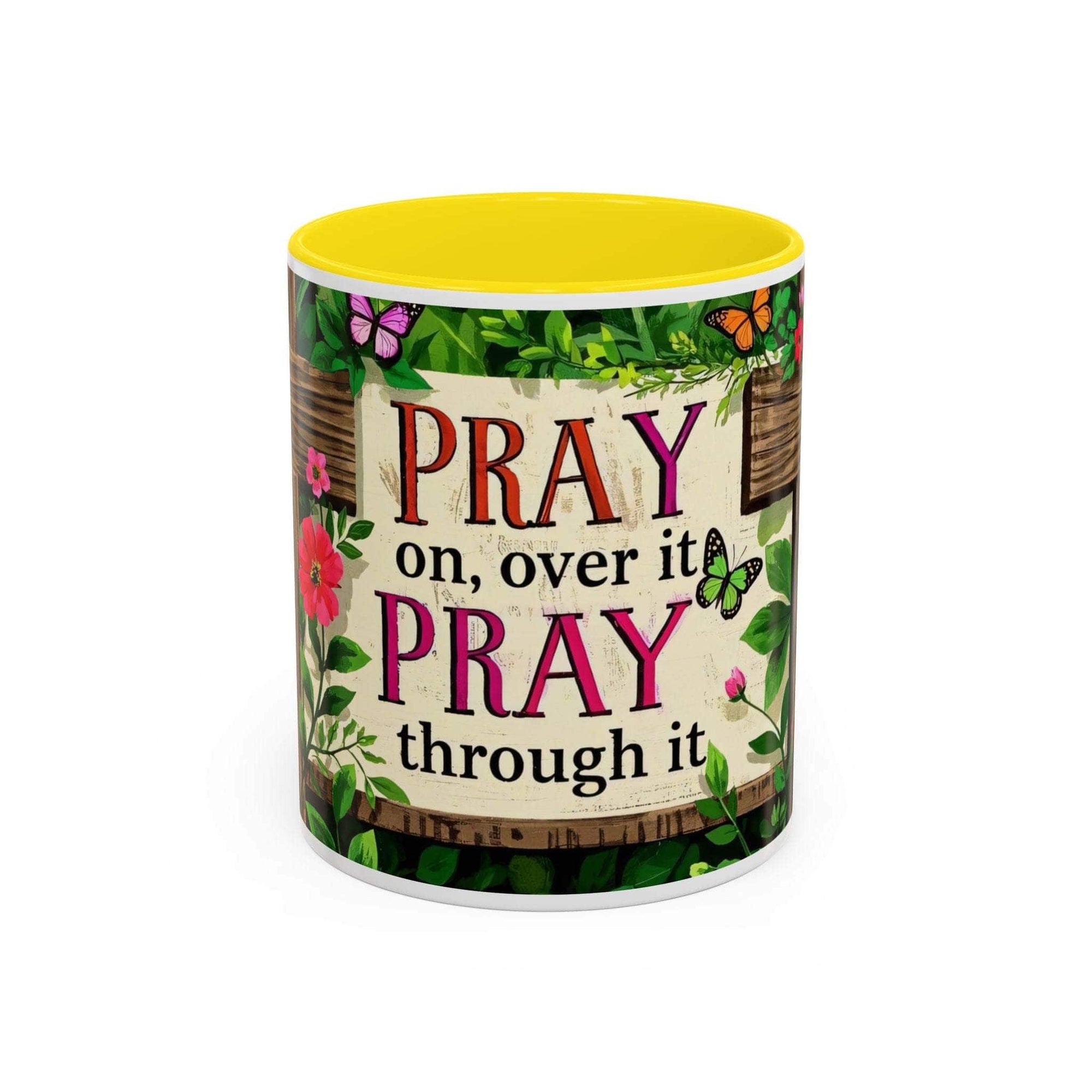 Mug with floral design and motivational quote on a white background
