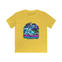 A yellow short-sleeve t-shirt with a colorful graphic of a shark and lightning, featuring the text 'LOCAL LEGEND' in a dripping neon style, shown on a plain white background.