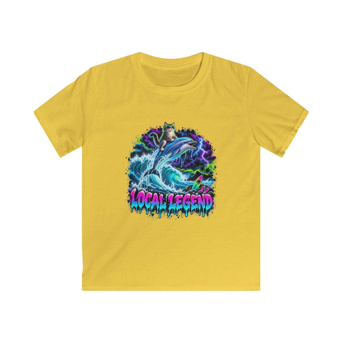 A yellow short-sleeve t-shirt with a colorful graphic of a shark and lightning, featuring the text 'LOCAL LEGEND' in a dripping neon style, shown on a plain white background.