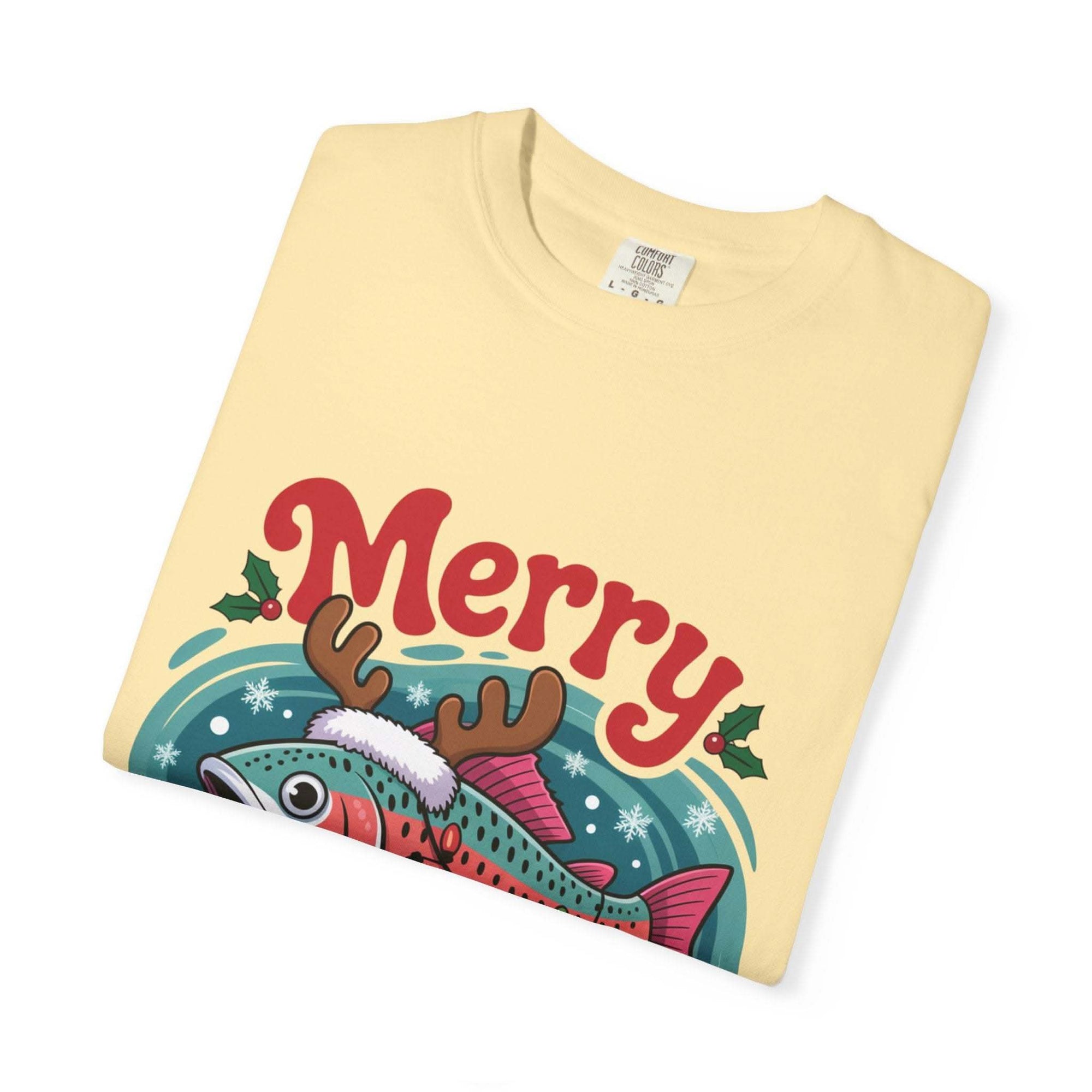 True Navy garment-dyed t-shirt featuring Merry Fishmas design for fishermen, by Printify