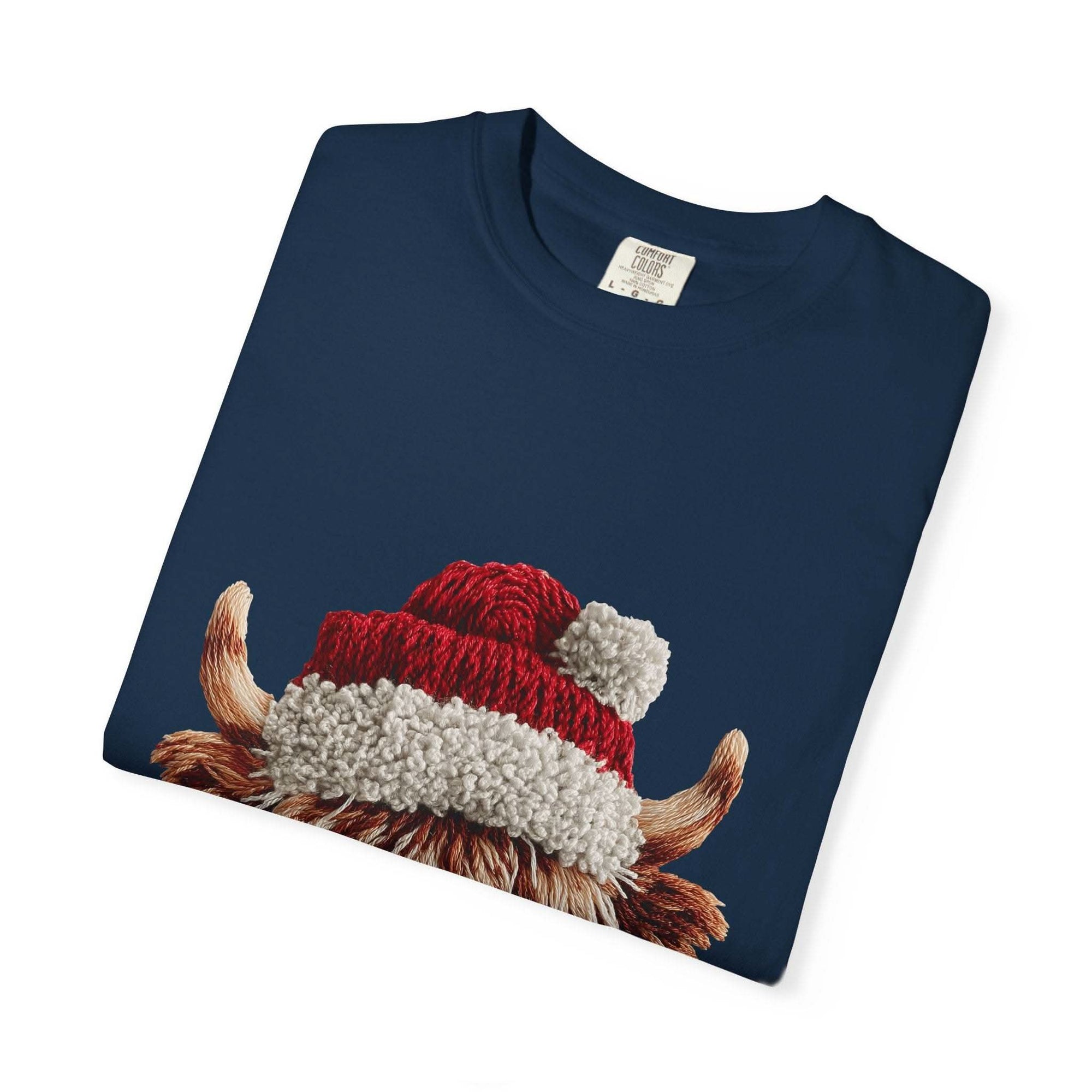 Navy T-shirt with faux crochet yarn Highland cow wearing Santa hat print for Christmas