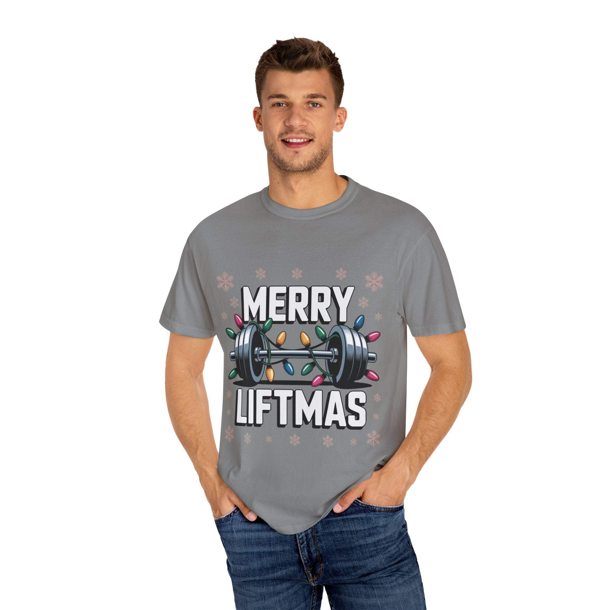 Merry Liftmas Christmas workout T-shirt with barbell design on soft cotton fabric
