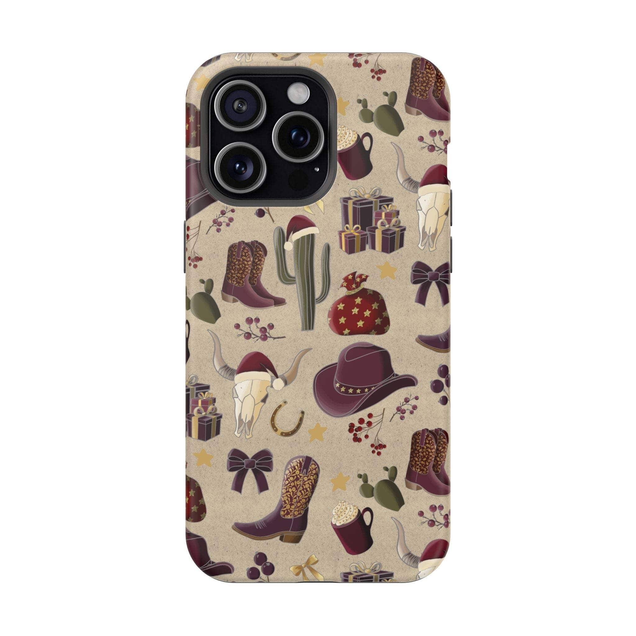 Cowboy Christmas design phone case for iPhone 17 in glossy finish by Printify, featuring festive colors and patterns.