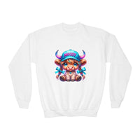 White youth sweatshirt with cute Moody Girl Highland Cow graphic wearing a blue cap and ribbons