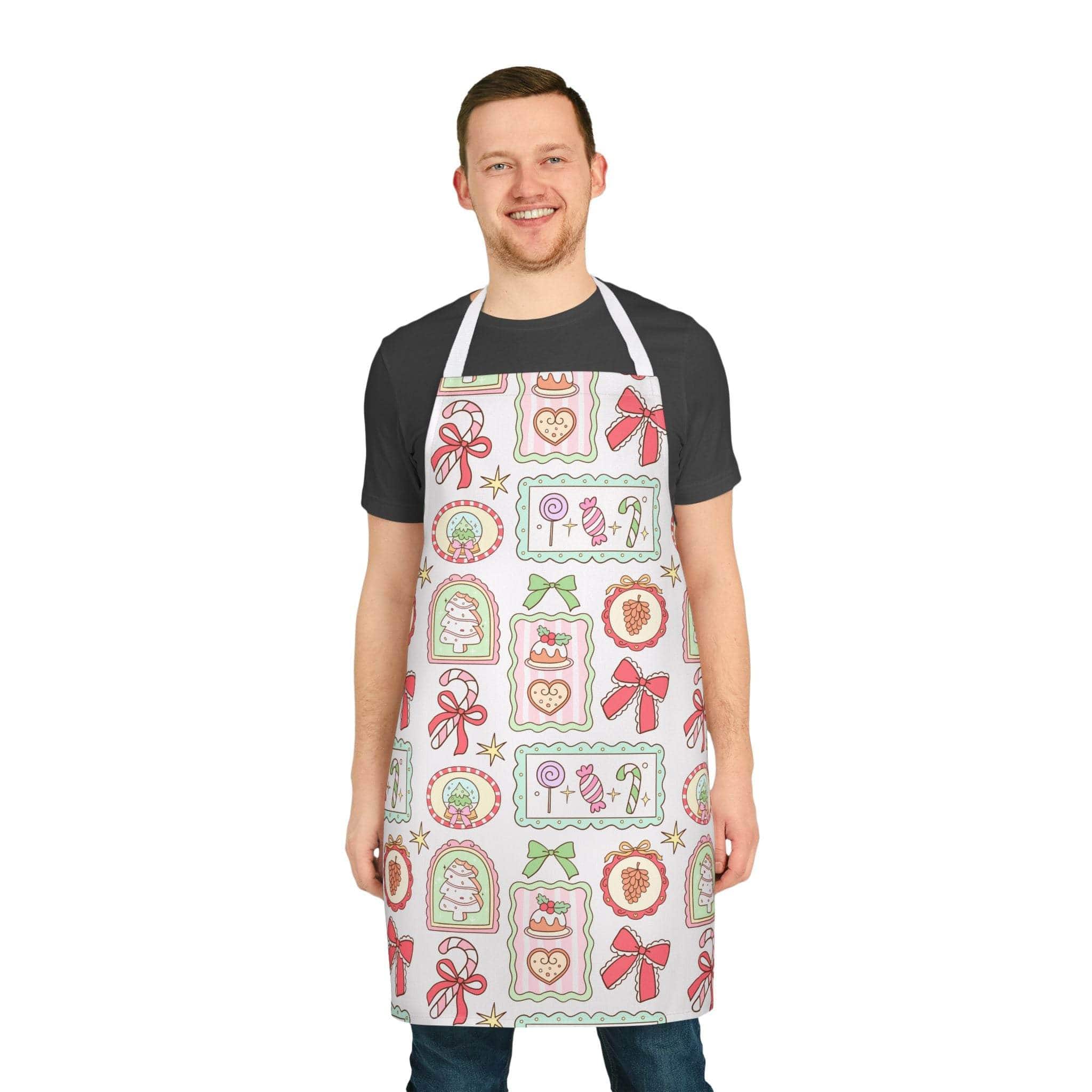 Man wearing Retro Christmas Frames and Bows apron with festive holiday designs and bow patterns